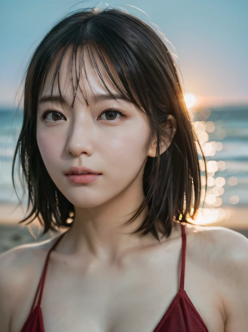 ((high quality、High resolution、masterpiece、sharp focus、realistic、RAW photo、cinematic lighting))、Photorealistic portrait of stunningly beautiful woman、3/5 shots、high color saturation、high contrast、rich colors彩、heavy makeup、blush、embarrassing、black eye、brown eyes、symmetrical asian face、black short hair、rich colors、Super realistic texture、looking at the viewer、model shooting style、dynamic pose、Seaside in the evening、Red bikini swimsuit
