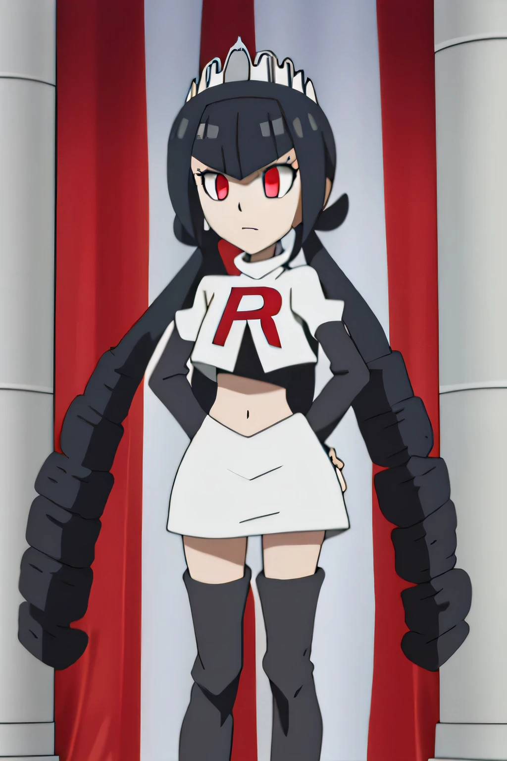 celestialudenberg, celestia ludenberg, long hair, bangs, black hair, (red eyes:1.3), long sleeves, twintails, drill hair, twin drills,masterpiece, best quality, highres,team rocket uniform, red letter r, white skirt, white crop top, black thigh-high boots, black elbow gloves, glaring angrily, looking at viewer, hands on hips, full body seen, zettai ryouiki