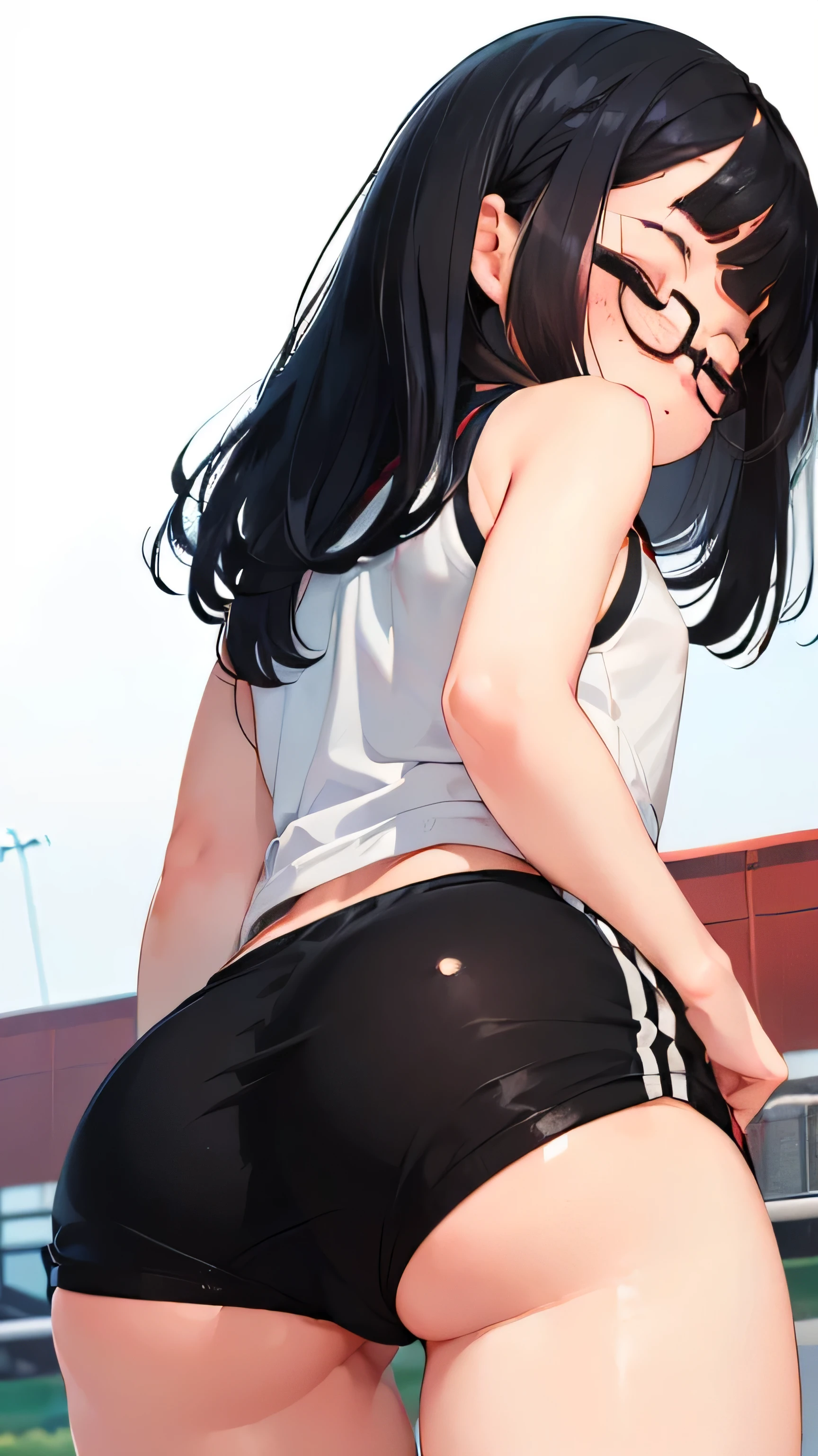 ((((((1 girl))))))((Sunny schoolyard))athletics stadium、high school girl、(red gym shorts)、flat chest、small ass、sober、low length、((((long bangs hide the eyes:1.5))))、((freckles))、(((long black hair:1.4))) (((hair band)))(((black rim glasses:1.2 black eye)))、bevel、(Rear view)、look at me、from below、Standing position、