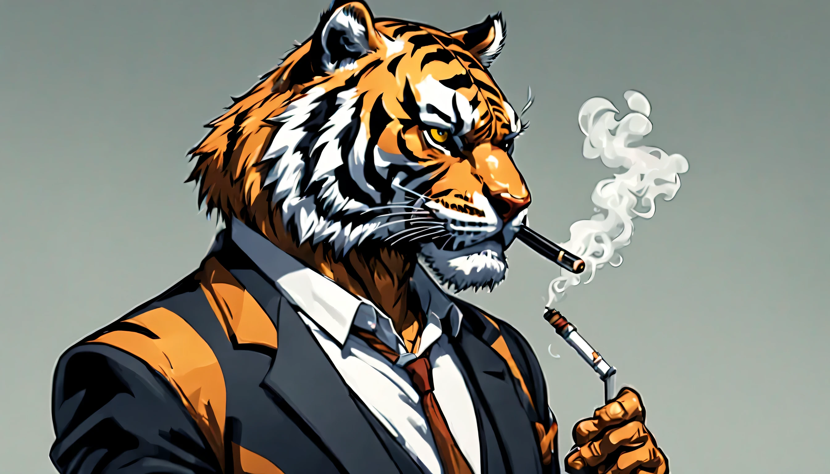 humanoid tiger wearing suit, profile , 2d illustration, smoking, close up