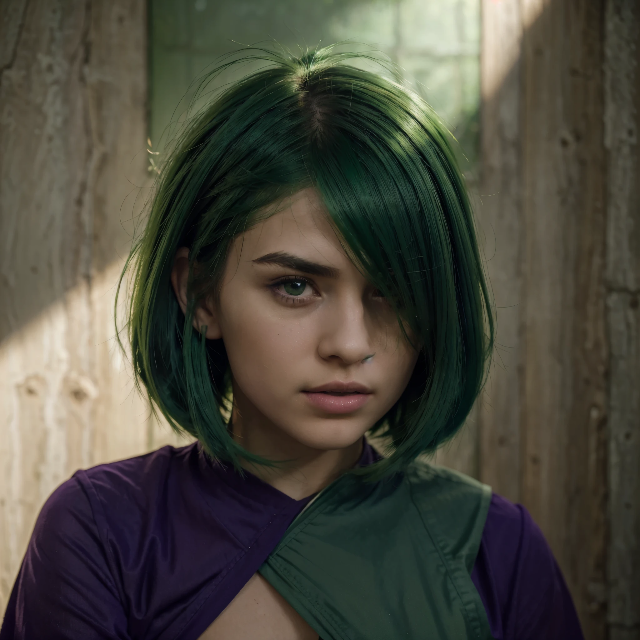 ratte867, 1girl, solo, (forest green hair:1.2), Asymmetrical haircut, background wall "Amin.F", (violet clothes:1.2) masterpiece, best quality, photorealistic, realistic, (RAW photo, 8k uhd, film grain), caustics, subsurface scattering