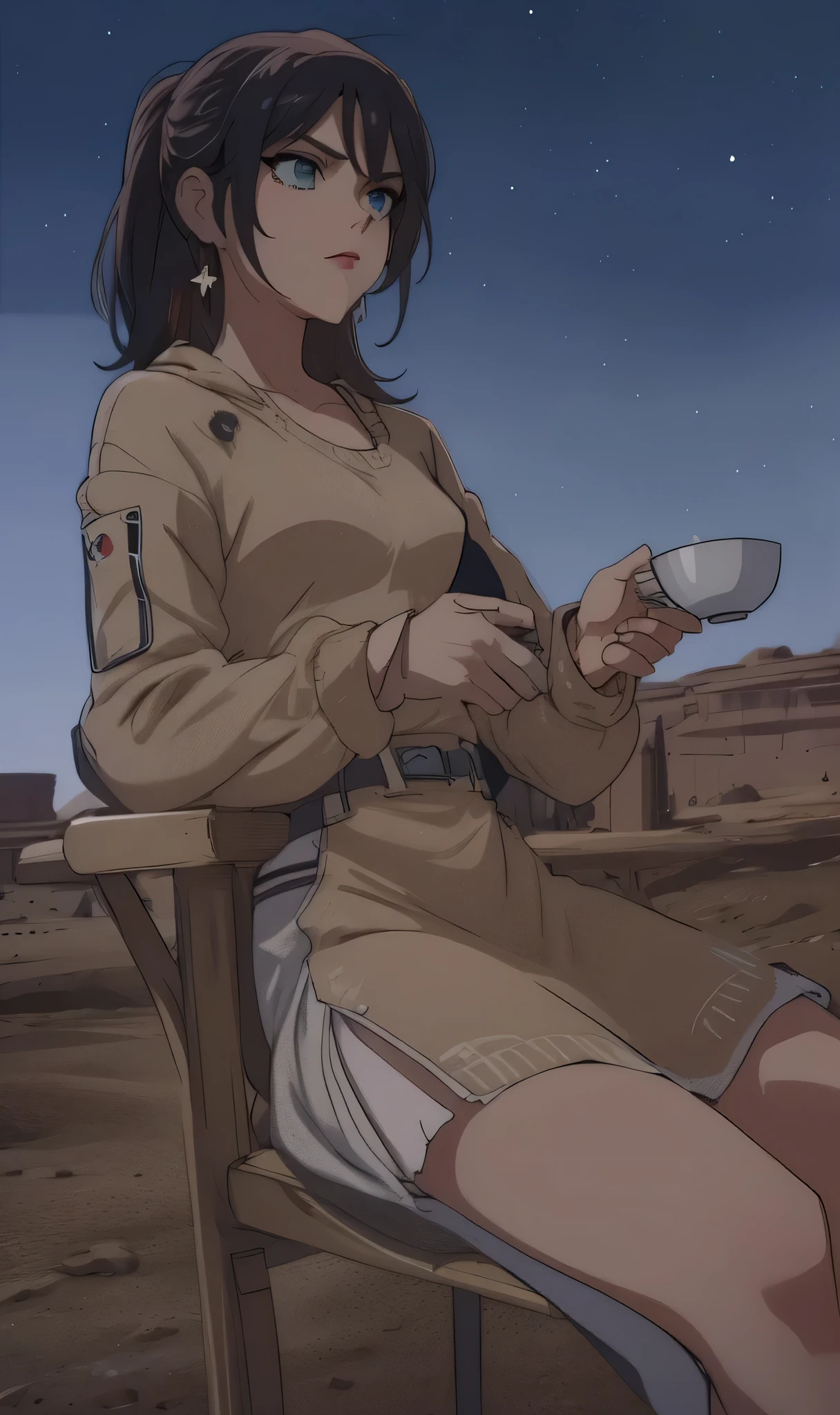 there is a woman sitting on a chair with a cup in her hand, drinking tea, is ((drinking a cup of tea)), at the desert, somewhere in sands of the desert, holding a cup of tea, dune style, ethereal vaporous tan skin, mysterious coffee shop girl, cinematic detail, in desert, elite dangerous 💙💜 ornate ︎, desert setting ((masterpiece, highest quality)), green eyes, white star earrings