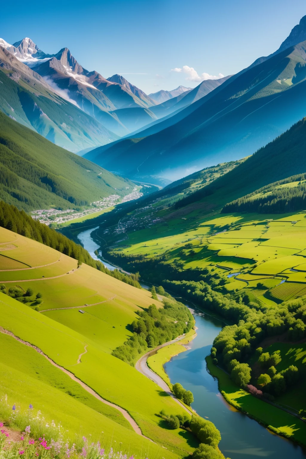 In the heart of a serene summer landscape, the valley nestled between towering mountains is bathed in the golden light of the sun. The slopes leading up to the peaks are covered in lush greenery, each blade of grass and leaf showing in hyper-detailed 8K resolution. The poster-worthy scene boasts a stunning realism that transports viewers straight into the scene. The valley floor is dotted with wildflowers, their vibrant colors and intricate textures capturing every detail. Rippling streams run through the valley, reflecting the clear blue sky and the majestic mountains. The mountains themselves are a sight to behold, their peaks piercing the clouds and casting long shadows over