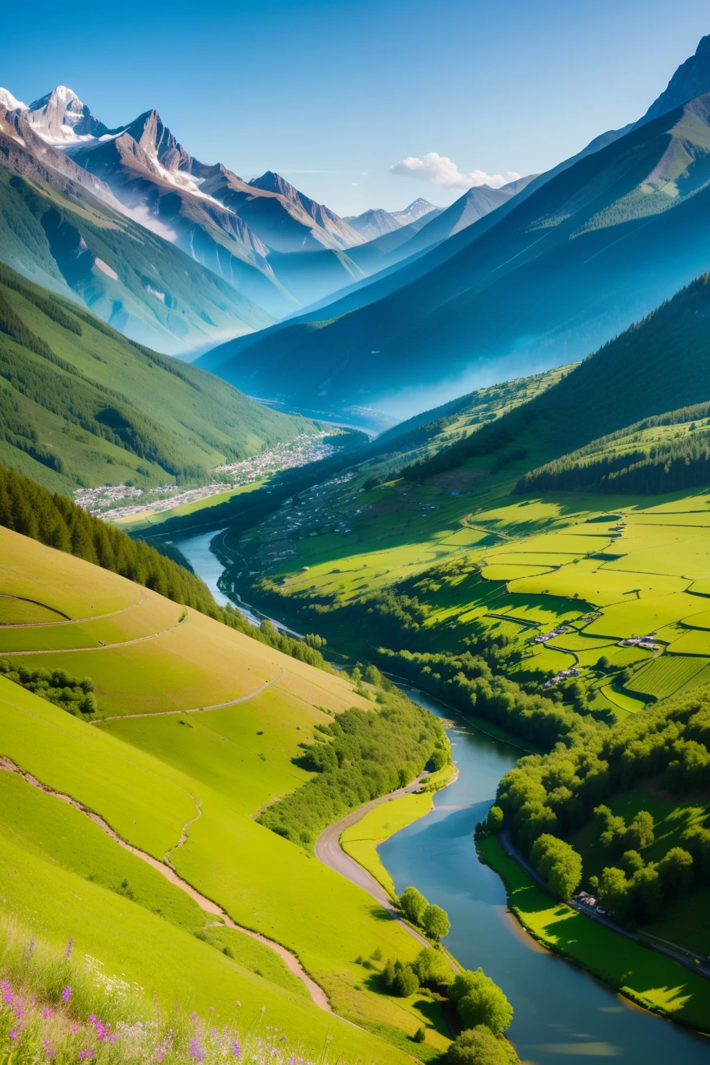 In the heart of a serene summer landscape, the valley nestled between towering mountains is bathed in the golden light of the sun. The slopes leading up to the peaks are covered in lush greenery, each blade of grass and leaf showing in hyper-detailed 8K resolution. The poster-worthy scene boasts a stunning realism that transports viewers straight into the scene. The valley floor is dotted with wildflowers, their vibrant colors and intricate textures capturing every detail. Rippling streams run through the valley, reflecting the clear blue sky and the majestic mountains. The mountains themselves are a sight to behold, their peaks piercing the clouds and casting long shadows over