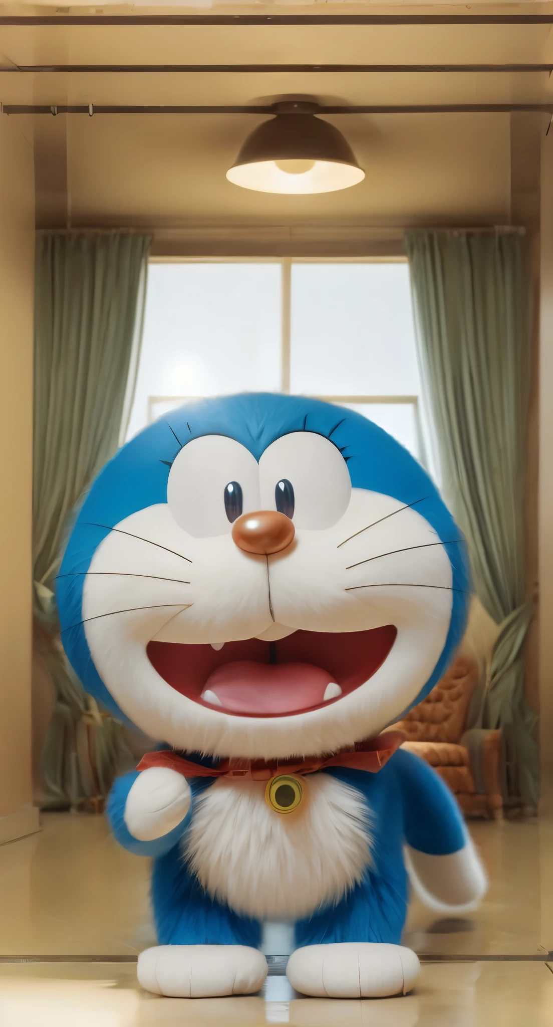 Photography, full body BREAK of real life doraemon BREAK portrait, symmetrical, highly detailed, smooth, sharp focus, cinematic lighting, kkw-ph1,full fur,look like a cat,Has canine teeth, big eyes like a cat's eyes