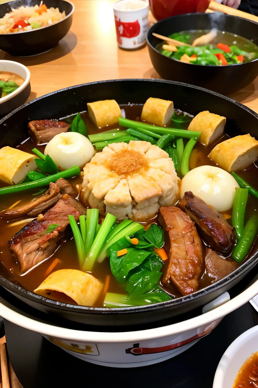 detailed，A beautiful woman has a Chinese hotpot in front of her，Fat cattle，lamb leg，Green vegetables，There are many delicacies on the table