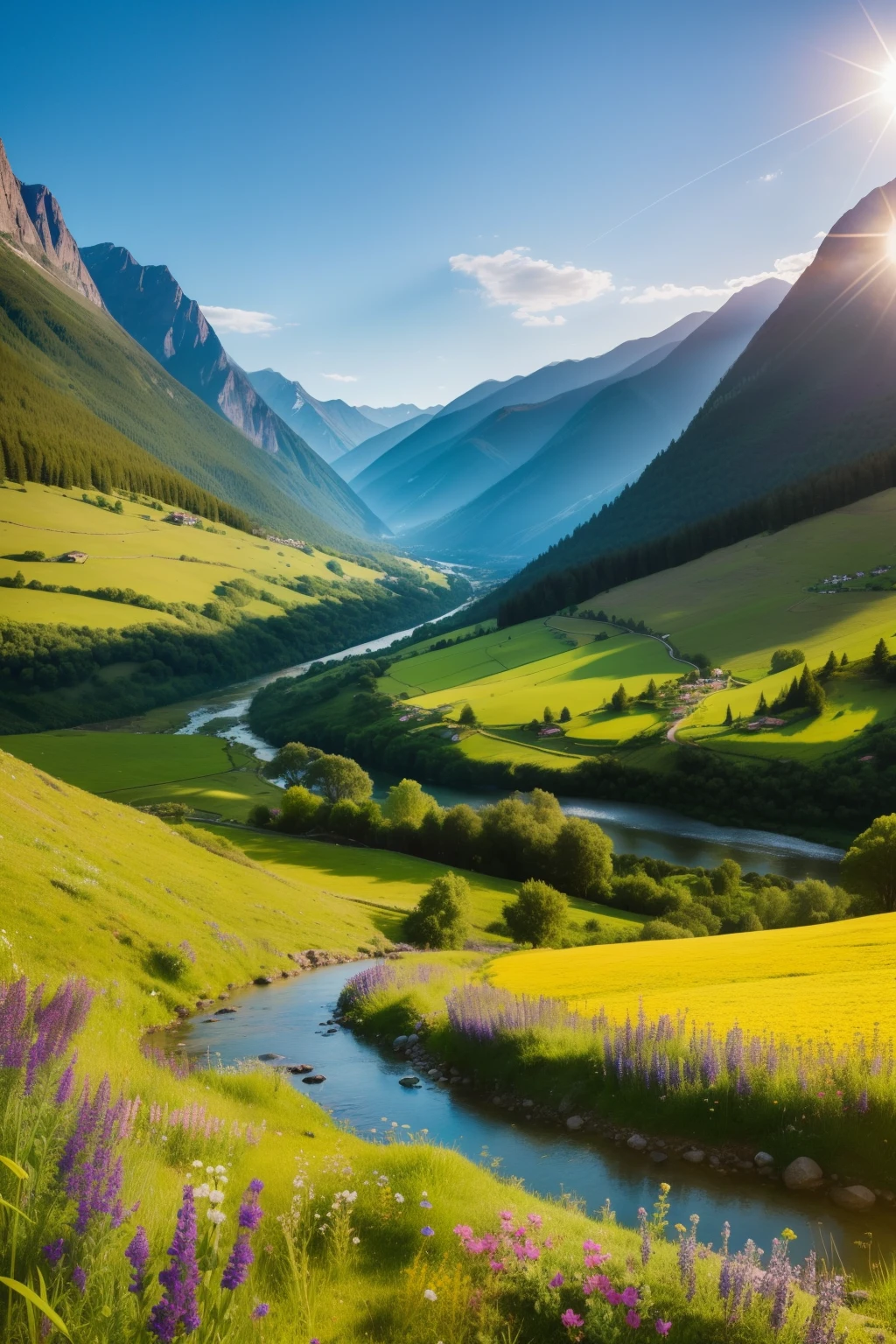 In the heart of a serene summer landscape, the valley nestled between towering mountains is bathed in the golden light of the sun. The slopes leading up to the peaks are covered in lush greenery, each blade of grass and leaf showing in hyper-detailed 8K resolution. The poster-worthy scene boasts a stunning realism that transports viewers straight into the scene. The valley floor is dotted with wildflowers, their vibrant colors and intricate textures capturing every detail. Rippling streams run through the valley, reflecting the clear blue sky and the majestic mountains. The mountains themselves are a sight to behold, their peaks piercing the clouds and casting long shadows over