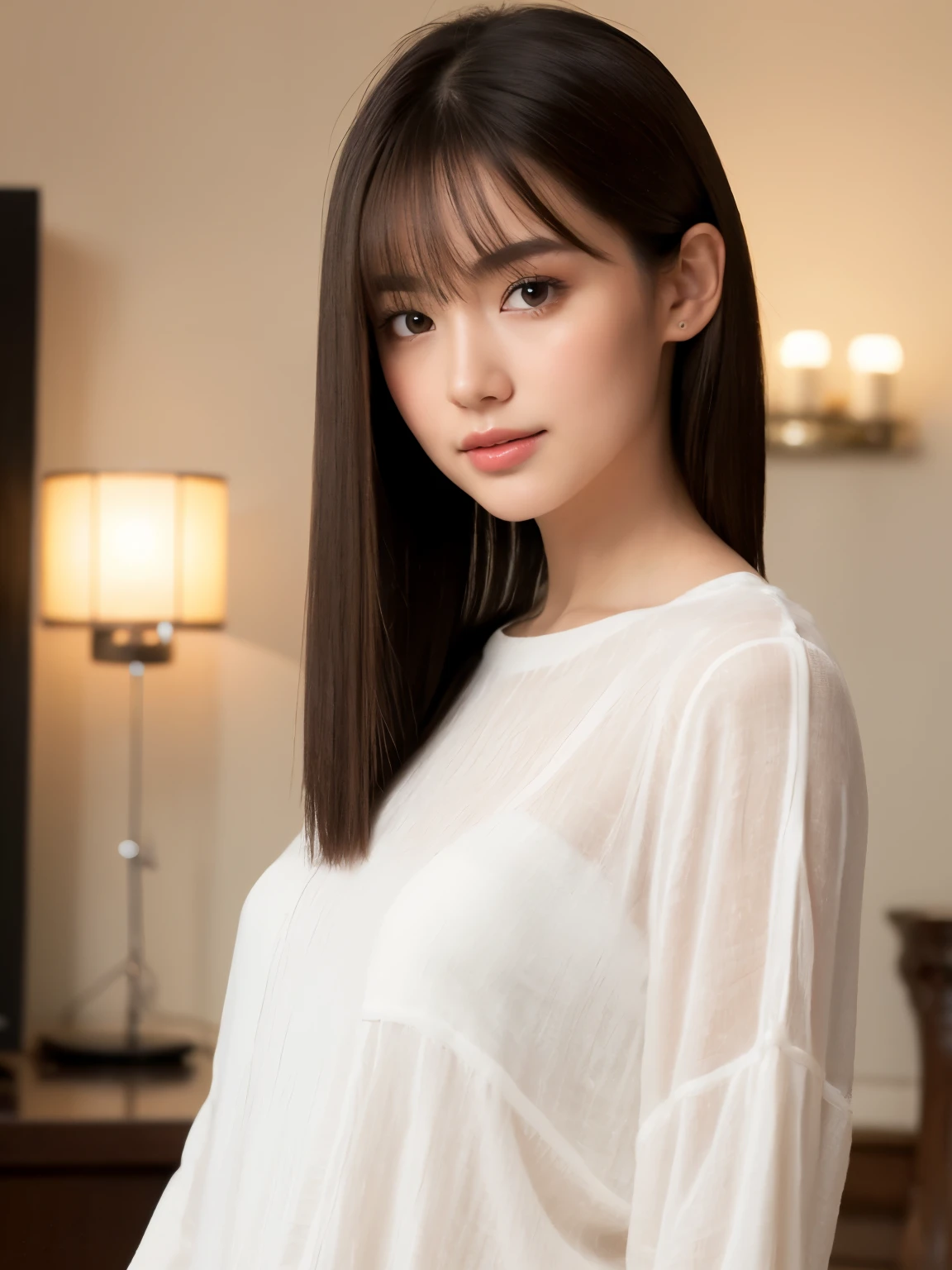 Top quality, realistic, perfect human body structure, very detailed, very delicate and beautiful, RAW photography, living room, professional lighting, luminescence, depth of field, single focal, ((full body)), smile, brown hair, small head, big breasts, baby face, beautiful eyes, real face, realistic skin, detailed eyes, (fashionable hairstyle: 1.3), gravure idol, absurderes、Incredibly Ridiculous res、Extremely fine, Silk Blouse,