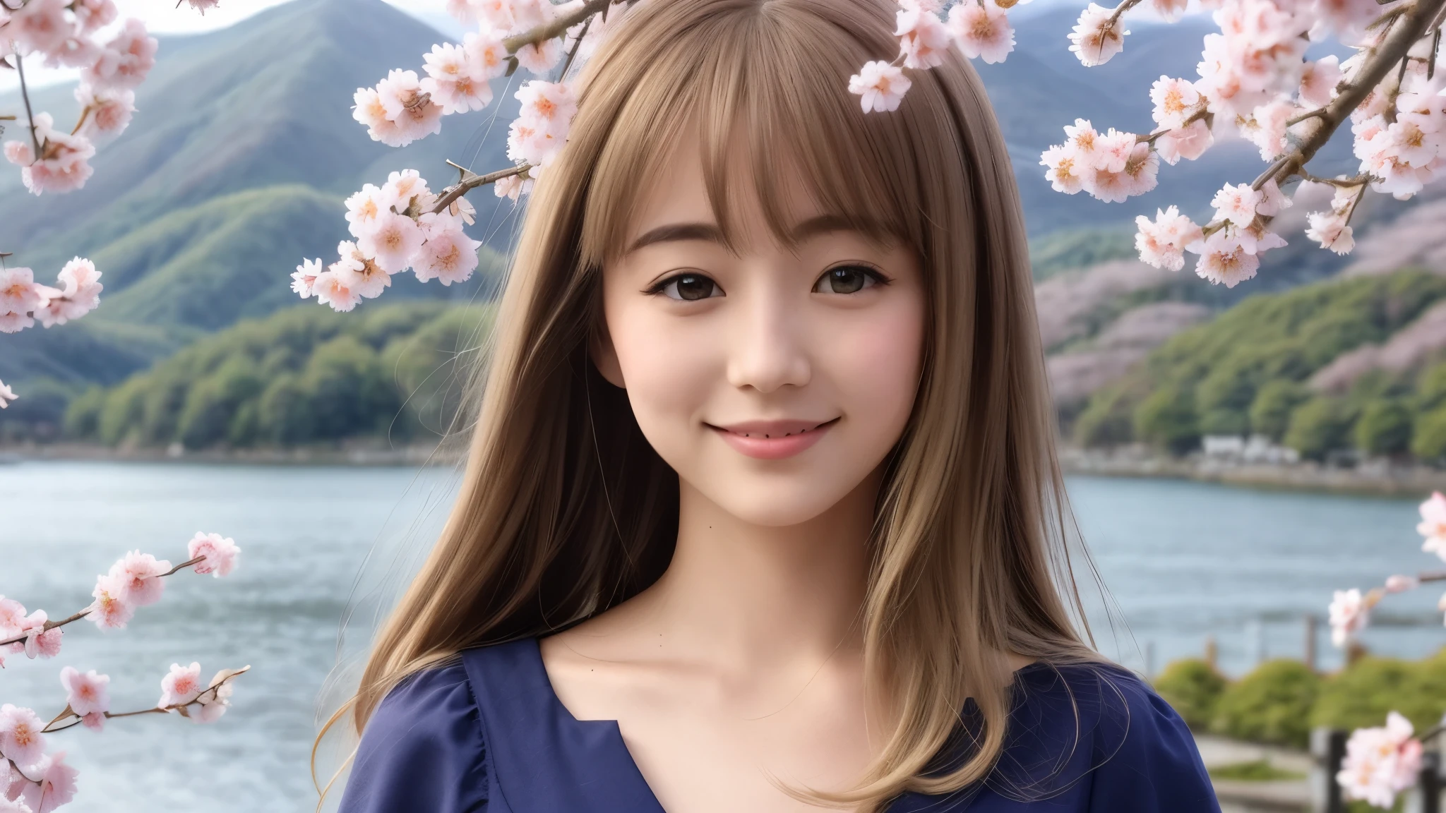 Instagram pictures, 1French Girl, Shoulder length hair, with light blonde hair, Close-up photo, The background is the lake Kawaguchiko with cherry blossom, Japan, smile a little,