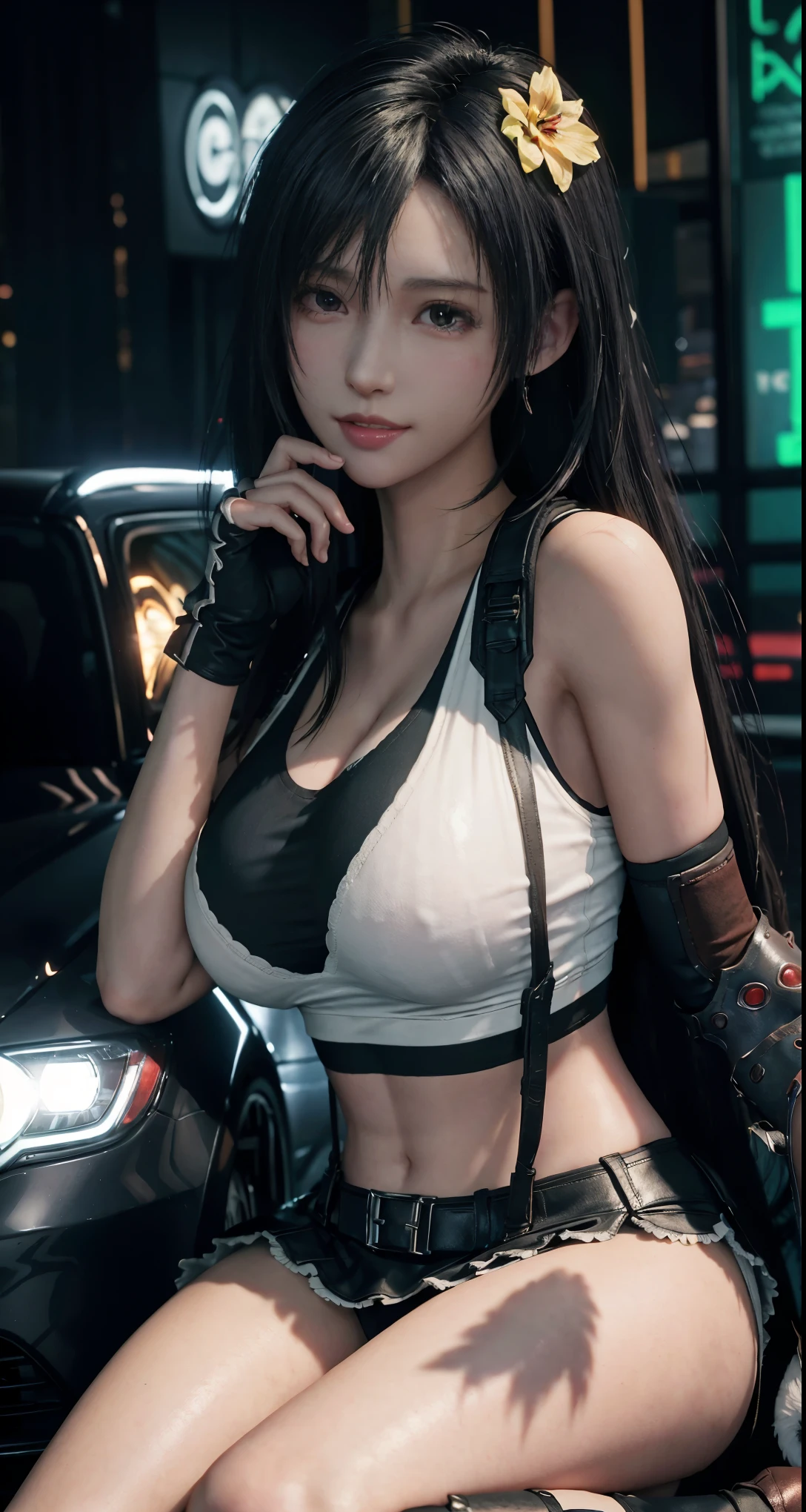 (8k、highest quality、masterpiece:1.2)、(realistic、realistic:1.3 people 7)、Super detailed、Girl 1 mature woman mature woman character、the cutest、alone、、、、、、(tifa lockhart)、(big breasts)、(((Huge )))、(((Remove your clothes and show your bra)))、(((black bra)))、(beautiful eyes)、(smile:1.2)、(closed)、erotic pose、dance、neon、cityscape、and depth of field、dark and strong shadow、sharp focus、car、motion blur、自転car、and depth of field、composition、glowing green light、Final Fantasy VII、tool、(鼻をredらめる)、シングルelbow pads、ankle boots、dark black hair、黒thighs、red boots、elbow bag、elbow pads、fingerless gloves、taut shirt、play sports often、(suspenders,,,,,)black skirt)、thighs、white tank top、whole body、headrest、lips、facial、low tie long hair、(red_It seems))、yellow flower、(night:1.3)、Complex、Bokeh、cinematic lighting、photon mapping、radio city、Physically based rendering、(Tetsuya Nomura style)、NSFW、perfect breasts