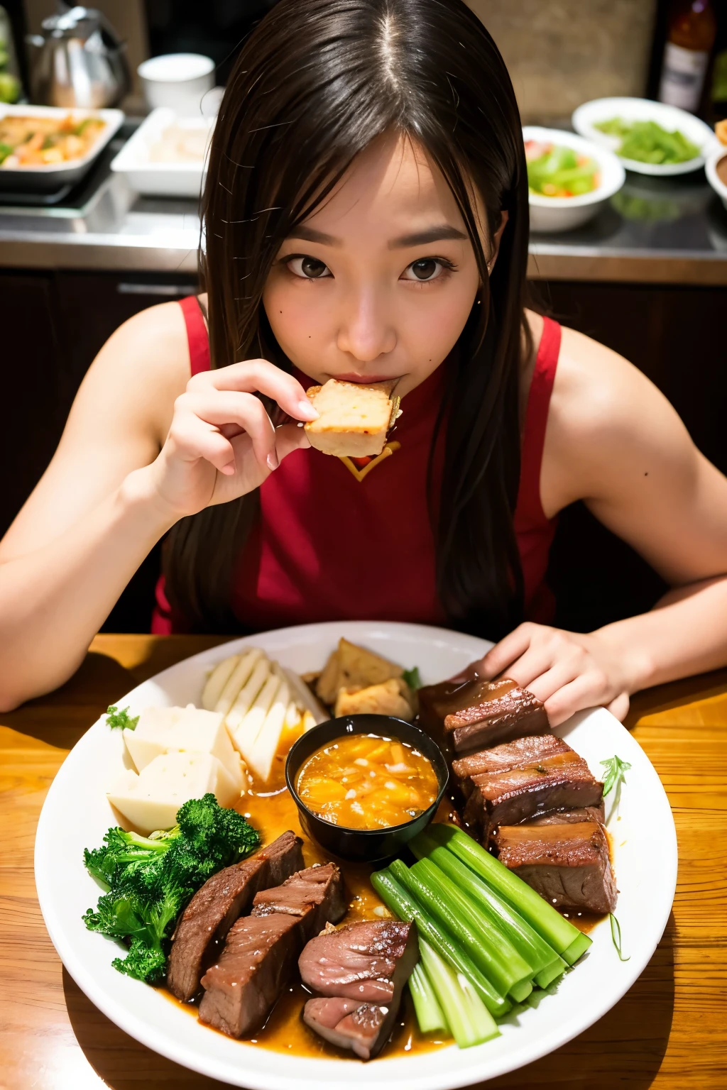 detailed,a girl eating,There is a Chinese hotpot in the front,Fat cattle,lamb leg,Green vegetables,There are many delicacies on the table