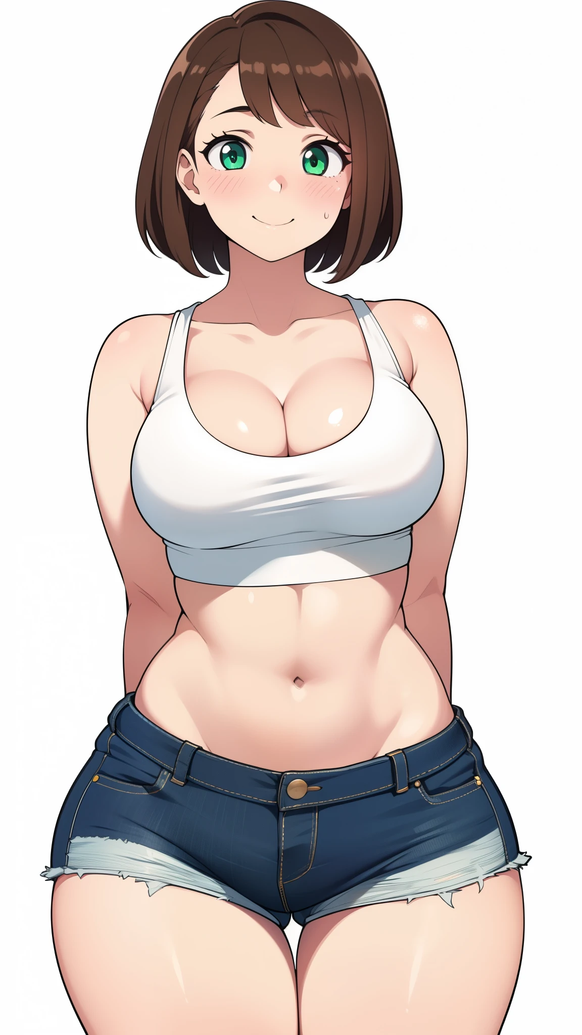 ((highres)), Masterpiece, high quality, best quality, beautiful, perfect lighting, detailed face, ultra cute face, ((1girl)), ((solo)), (blush), smiling, short brown hair, fluffy hair, green eyes, crop top, jean shorts, white background, medium breasts, cleavage, skinny, wide hips, skinny legs, thigh gap, standing, arms behind back,