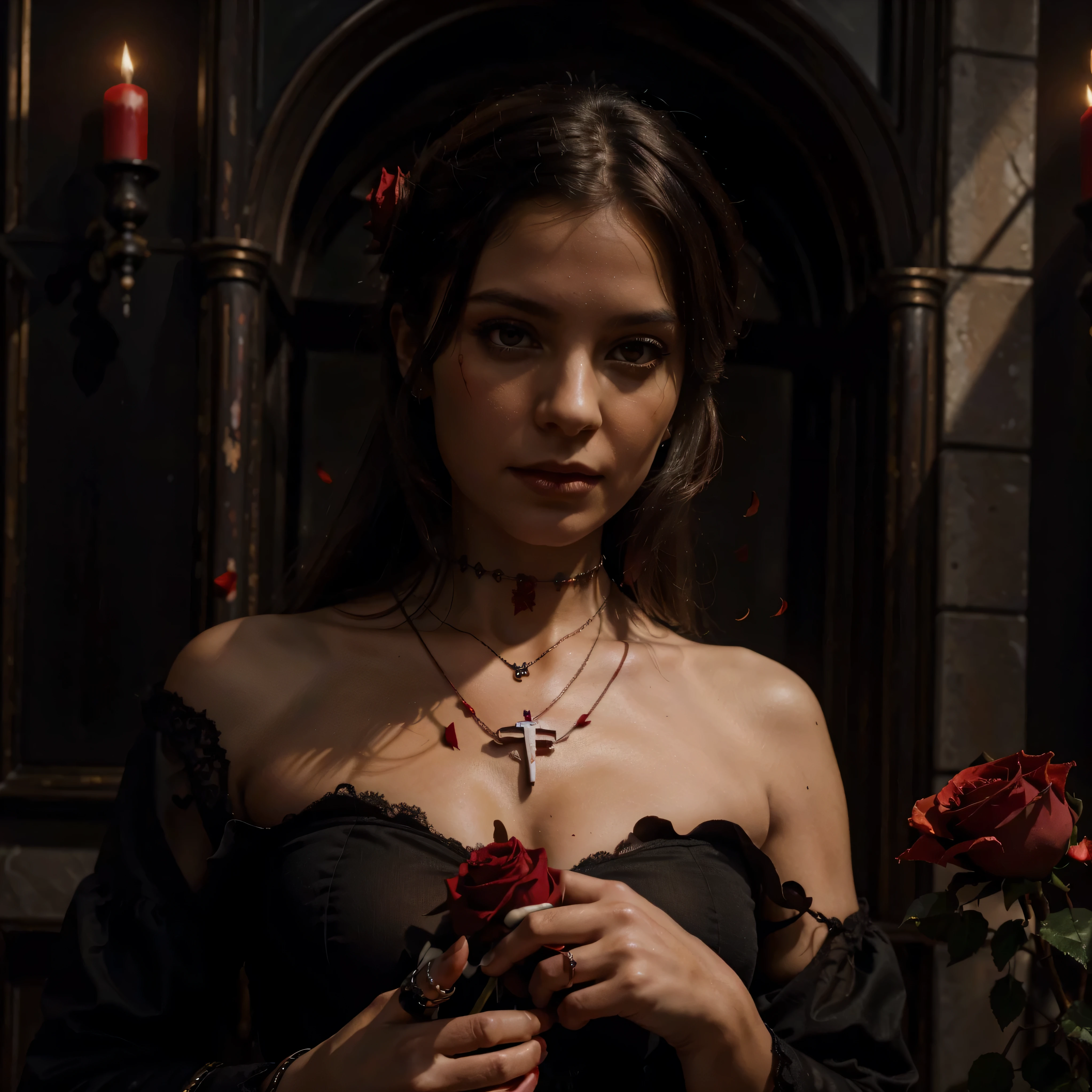 (high resolution, oil painting:1.2), oscuro vibrante, Gothic style, detailed Sangre, little flame, fading rose petals, centrado, La mano de una mujer blanca sosteniendo una rosa roja., Sangre, collar con una cruz.
