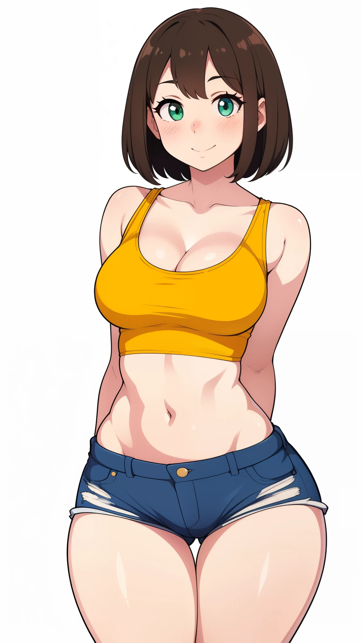 ((highres)), Masterpiece, high quality, best quality, beautiful, perfect lighting, detailed face, ultra cute face, ((1girl)), ((solo)), (blush), smiling, short brown hair, fluffy hair, green eyes, crop top, jean shorts, white background, medium breasts, cleavage, skinny, wide hips, skinny legs, thigh gap, standing, arms behind back,