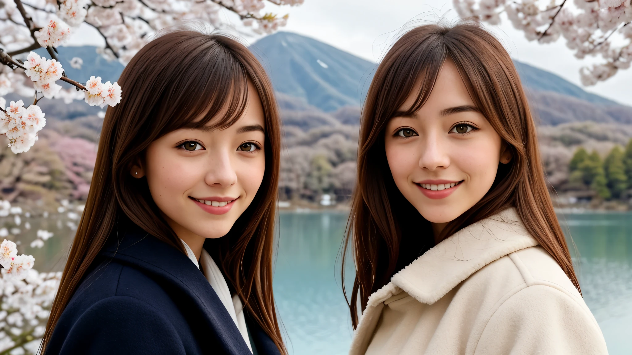 Instagram pictures, 1French Girl, Shoulder length hair, with light blonde hair, Close-up photo, coat, The background is the lake Kawaguchiko with cherry blossom, Japan, smile a little,
