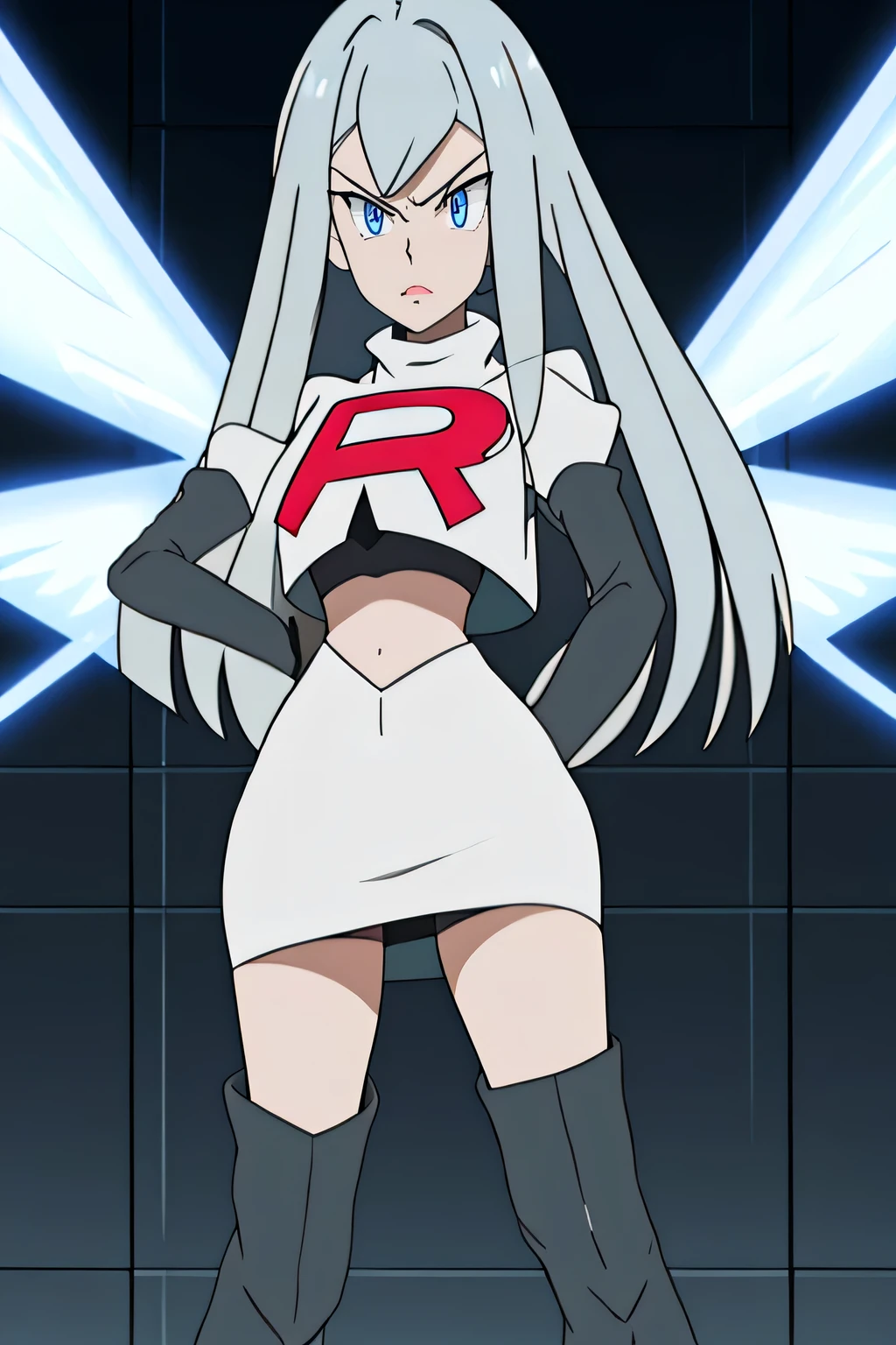 meliaxc3,grey hair, blue eyes ,head wings ,glossy lips ,masterpiece, best quality, highres,team rocket uniform, red letter r, white skirt, white crop top, black thigh-high boots, black elbow gloves, glaring angrily, looking at viewer, hands on hips, full body seen, zettai ryouiki