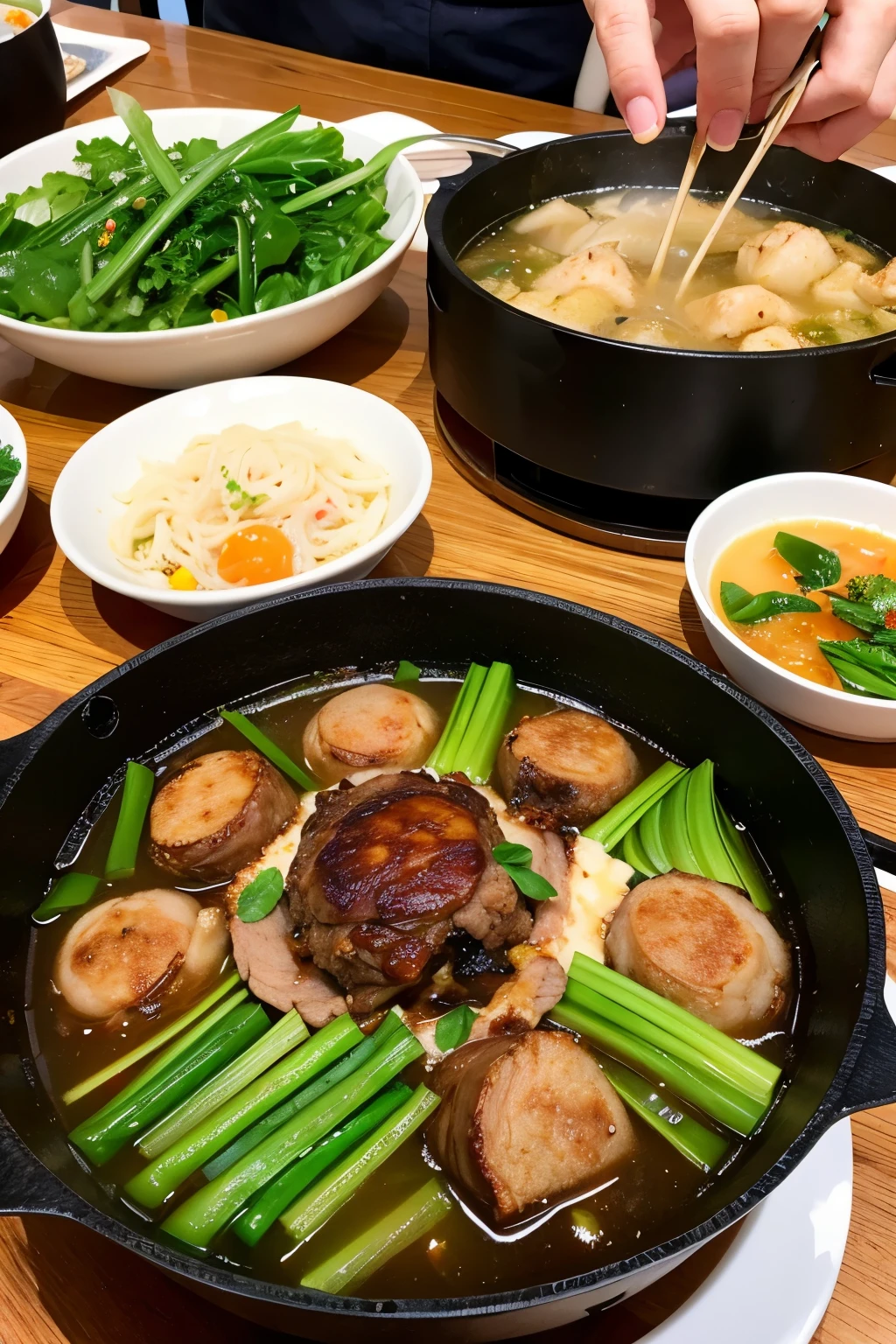detailed，a girl eating，There is a Chinese hotpot in the front，Fat cattle，lamb leg，Green vegetables，There are many delicacies on the table