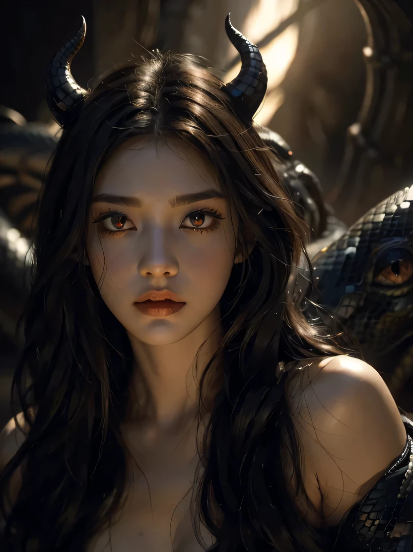((masterpiece、highest quality、genuine、Super detailed、High resolution、photogenuineistic、sharp focus、genuineistic photo、Live shooting、cinematic lighting))、High brightness、high color saturation、rich colors、Photogenuineistic portrait of a terrifying dragon woman、adult woman、bust shot、focus from the chest up、Black magic style、Light shining on your face from the front、Surrounded by smoke、face light、詳細な対称のgenuineな顔、Natural textures、hair is dirty、Set of red horns、Lizard tusks、Black long nails、The body of snake scales、(beautiful expression、detailed face、Crimson red eyes、beautifully cut eyes、Snake-eyes)、open your big mouth、dynamic action、((detailed hand drawn))、looking at the viewer、Inside the illuminated cave