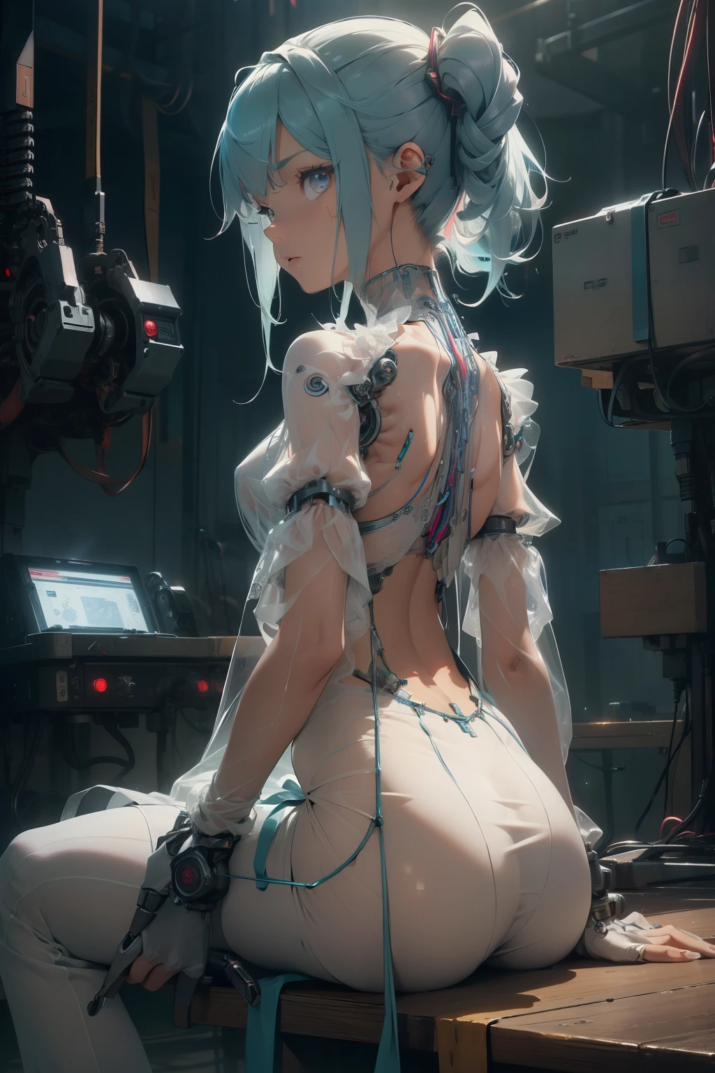 (quality)), ((masterpiece)), Recommended results、Puffy nipples、(see through:1.5)、straighten your back、abdominal muscles、huge bust、angle to floor:1.2、low camera angle、Hair loss on crotch,Hatsune Miku,Super detailed)), (Highly detailed CG illustrations), ((extremely delicate and beautiful)),(from the side),Light,((1Mechanical Girl)),alone,whole body,(Machine made joints:1.2),((mechanical limbs)),(The blood vessels are connected to the tube),(Mechanical vertebrae attached to the back),((Mechanical cervical spine attached to the neck)),(sitting),Poker face,(wires and cables attaching to neck:1.2),(wires and cables on head:1.2)(Character focus),Science fiction,Extremely detailed,rich and colorful,most detailed