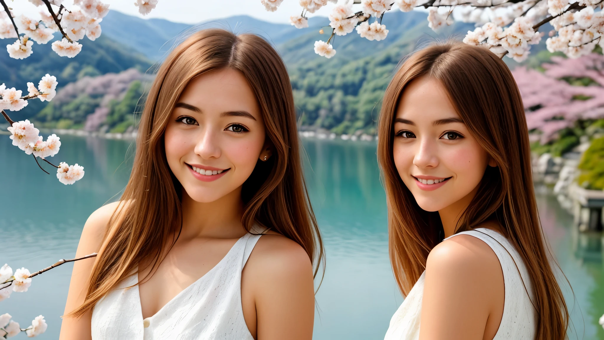 Instagram pictures, 1French Girl, Shoulder length hair, with light blonde hair, Close-up photo, The background is the lake Kawaguchiko with cherry blossom, Japan, smile a little,