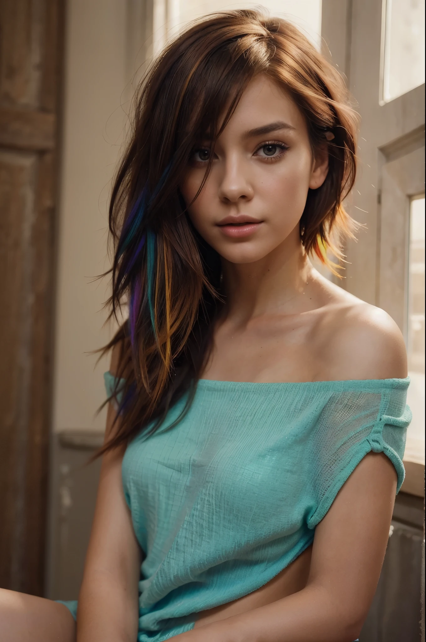 imagine a girl with the most stunning appearance, featuring short, multicolored hair that could grace the cover of any fashion magazine. The photorealistic rendering of her hair is so meticulous that you can almost feel the softness and silkiness of each individual strand. A beautiful painting by norman rock