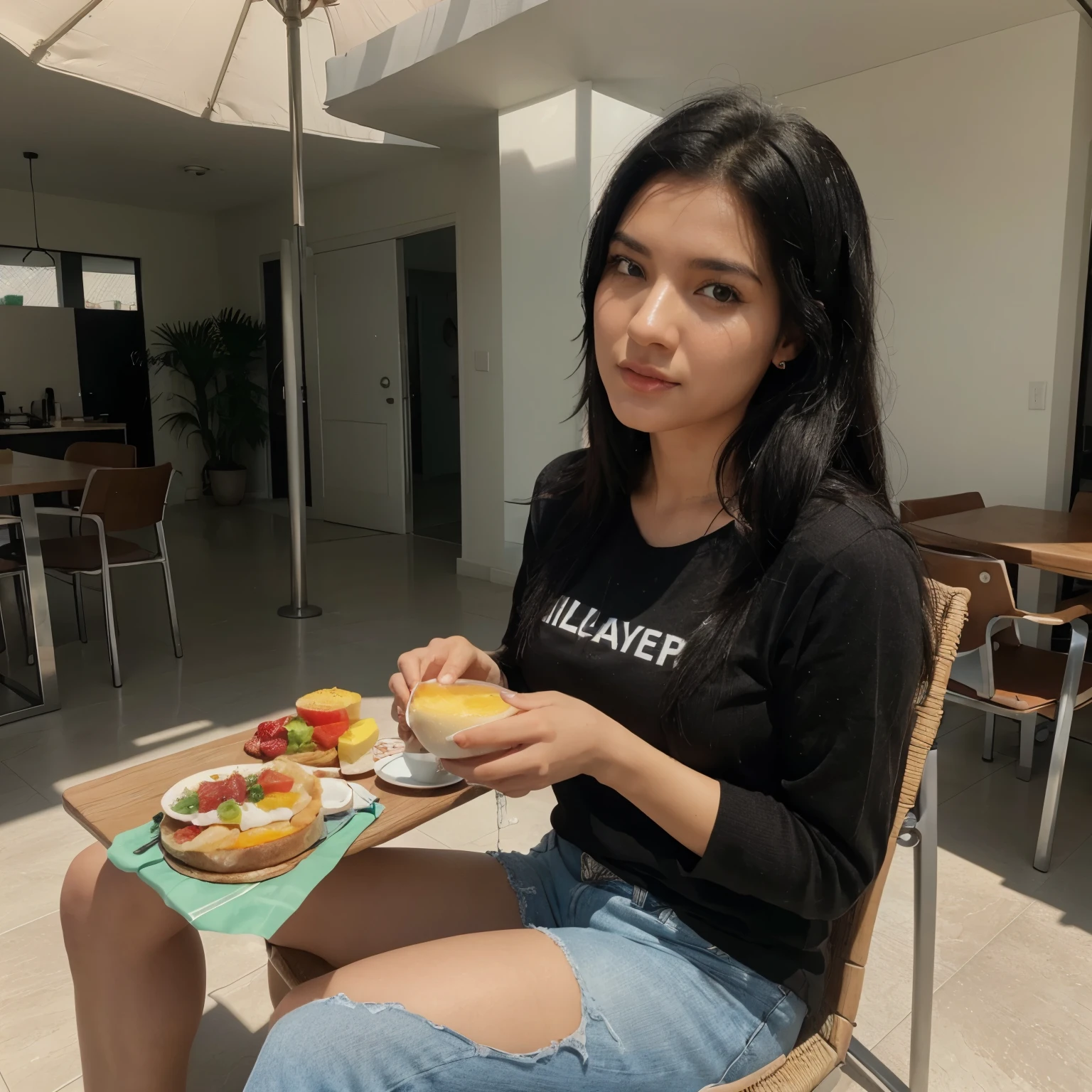 A woman with black hair sitting having breakfast, foto realista e detalhada, foto em 8k