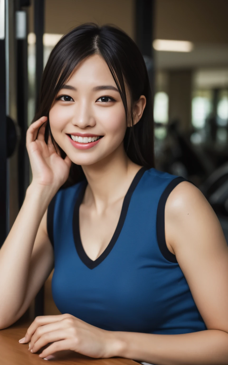 Highly detailed CG unified 8k wallpaper, highest quality, super detailed, on the table, actual, Photographic Realism, Very detailed cute girl, 30 years old, small breasts , (Sweating) , round eyes, peek at the viewer, blush, Smile, parted lips, half body shot , Vest , squat, Sports gym