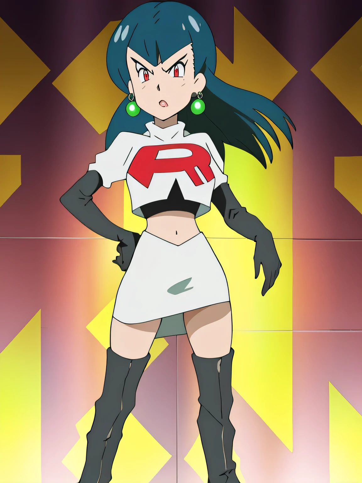 SabrinaPKMN, black hair ,glossy lips, earings masterpiece, best quality, highres,team rocket uniform, red letter r, white skirt, white crop top, black thigh-high boots, black elbow gloves, glaring angrily, looking at viewer, hands on hips, full body seen, zettai ryouiki