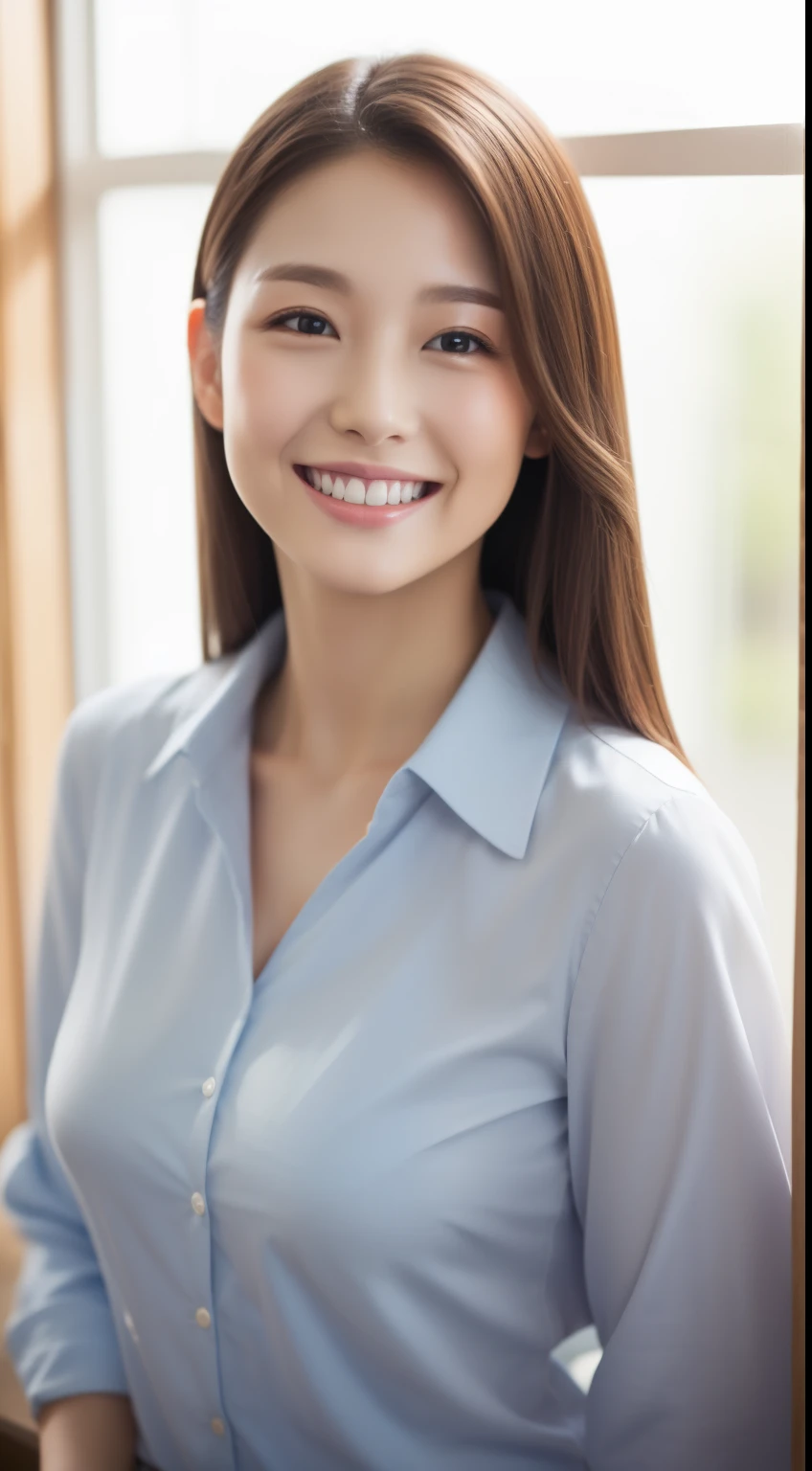 business woman、straight hair、high quality、surreal、healthy、smiling face、perfect slender figure、Japanese beauty、beautiful eyes、beautiful double、beautiful skin、office of、、On the windowsill