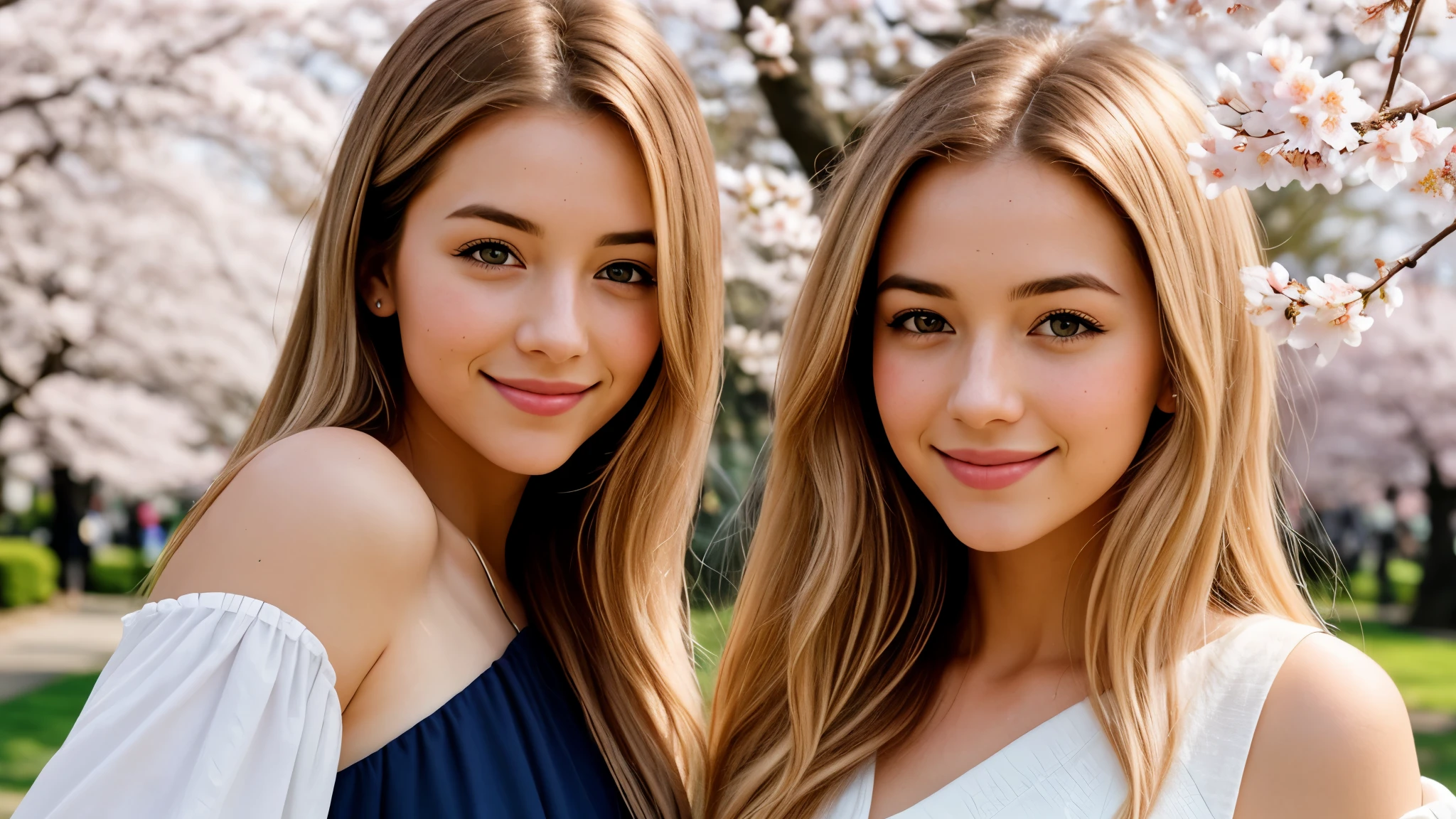 Instagram pictures, 1French Girl, Shoulder length hair, with light blonde hair, Close-up photo, Walking in the public garden with cherry blossom, Japan, smile a little,