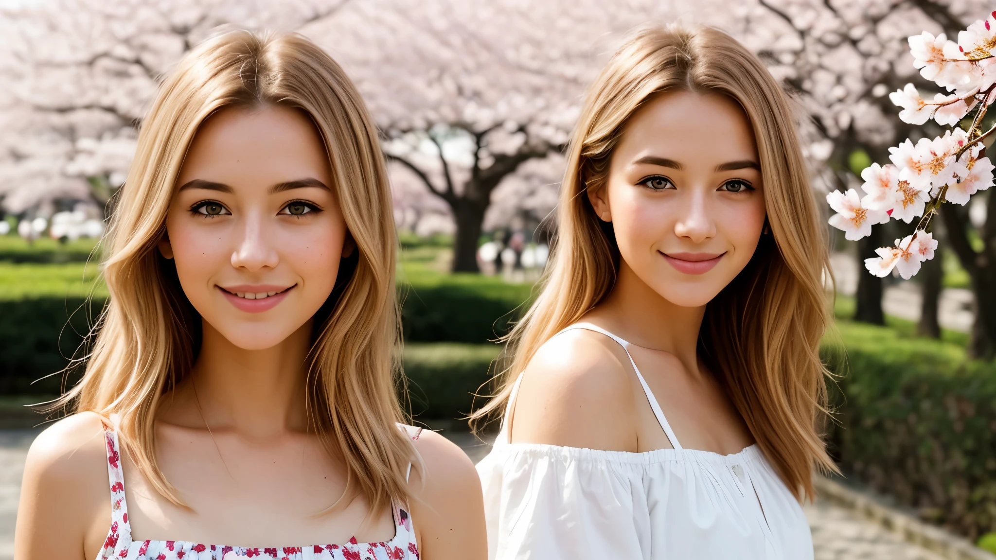 Instagram pictures, 1French Girl, Shoulder length hair, with light blonde hair, Close-up photo, Walking in the public garden with cherry blossom, Japan, smile a little,