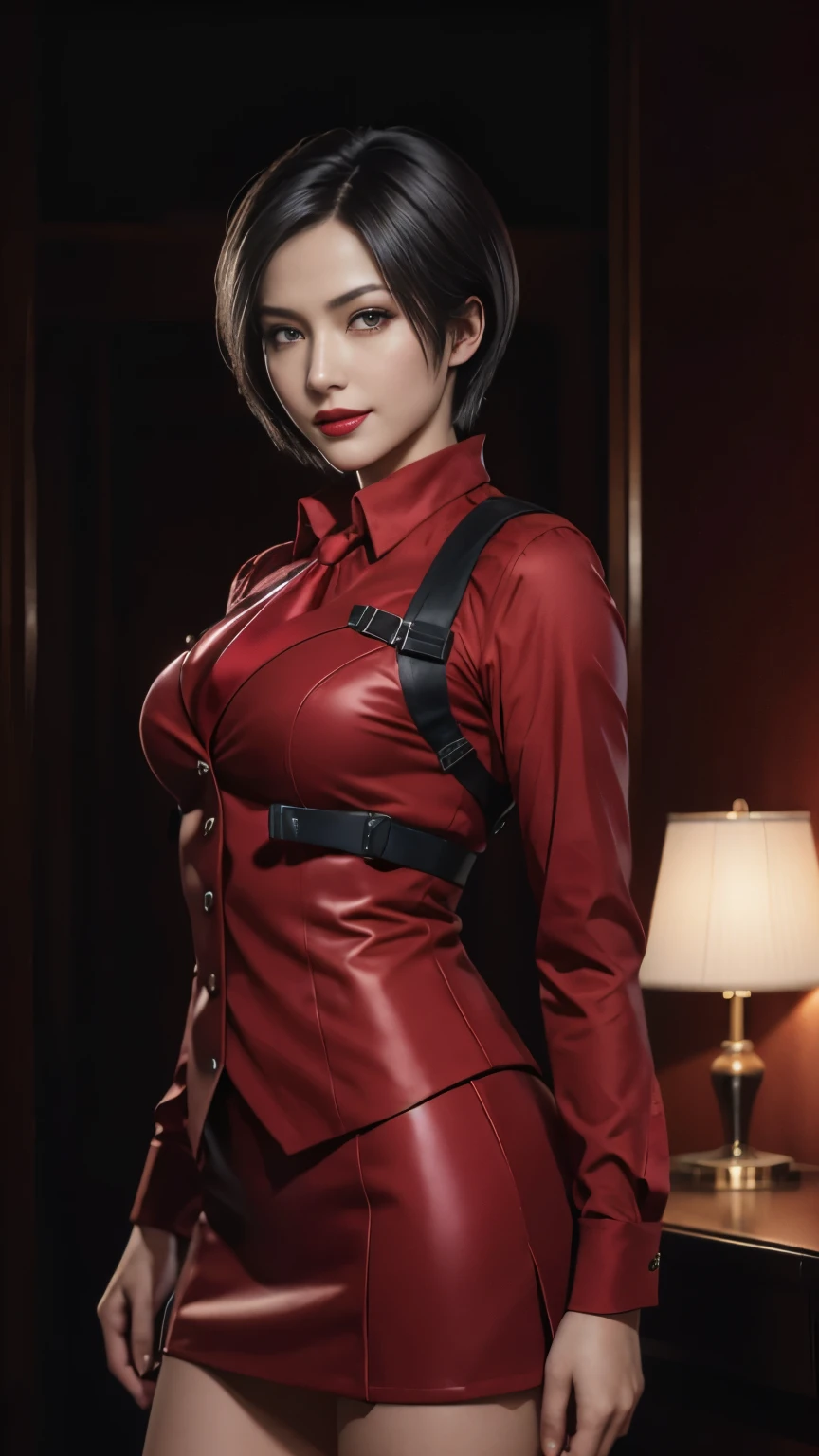 (disorganized, High resolution, Super detailed), masterpiece, Ada Wong (resident evil), ((alone)), short hair, 1 girl, スカートsuit, suit, スリーピースsuit, ブラック ピンストライプ suit, waistcoat, red shirt, red tie, bodycon skirt, mini skirt, closed mouth, Are standing, (((detailed lips))), ((realistic skin)), glowing skin, ((glossy red lips)), portrait, beautiful, smile, Normal skin