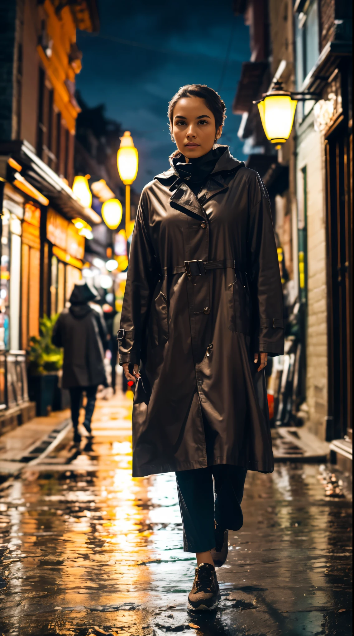 Portrait full body view, A girl, no makeup, updo brunette hair, brown eyes, perfect eyes, 30 years old, detailed beautiful and mysterious face, wearing long dark brown classic old Raincoat, veil BREAK. Walking Carefully BREAK. In 1960s, on the street of old city at rainy night BREAK. Background blurred running peoples are avoiding rain BREAK. Minimung lighting of streets lamps BREAK long distance shot, full body shot BREAK, chalm, highly realistic, super detailed subject, perfectly, proportional, UHD, 8k Resolution, artistic, masterpiece, gloomy, RAW, depth of field BREAK