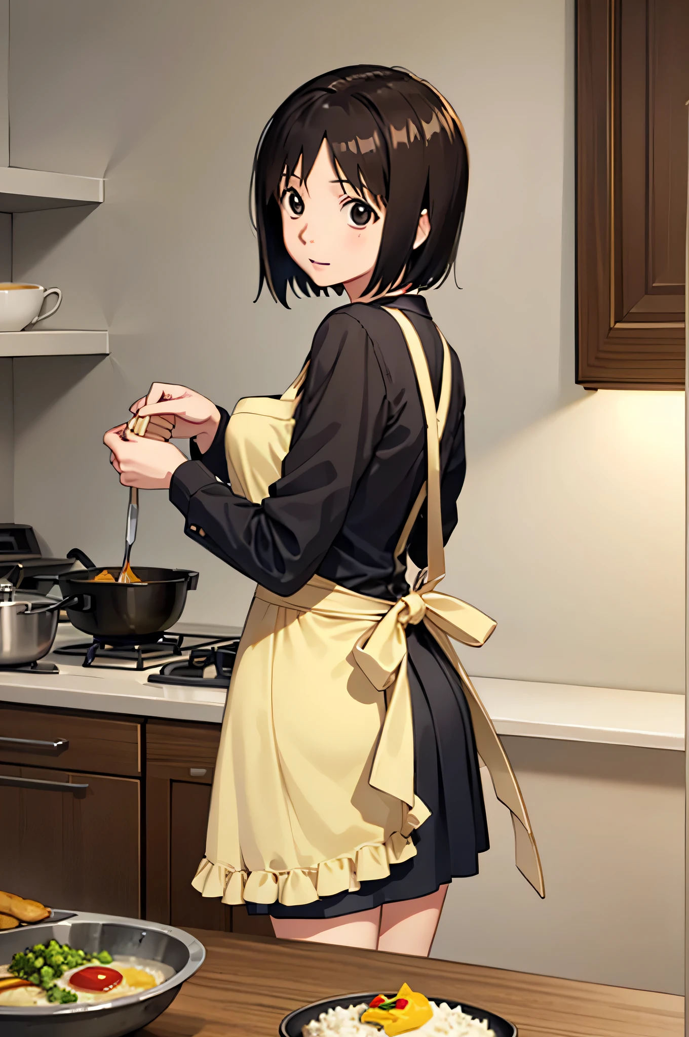 highest quality、High resolution、masterpiece、nakahara_misaki, ((apron)), mini skirt,kitchen、indoor、look back、Omelette rice１make only one、frying hands、cooking、