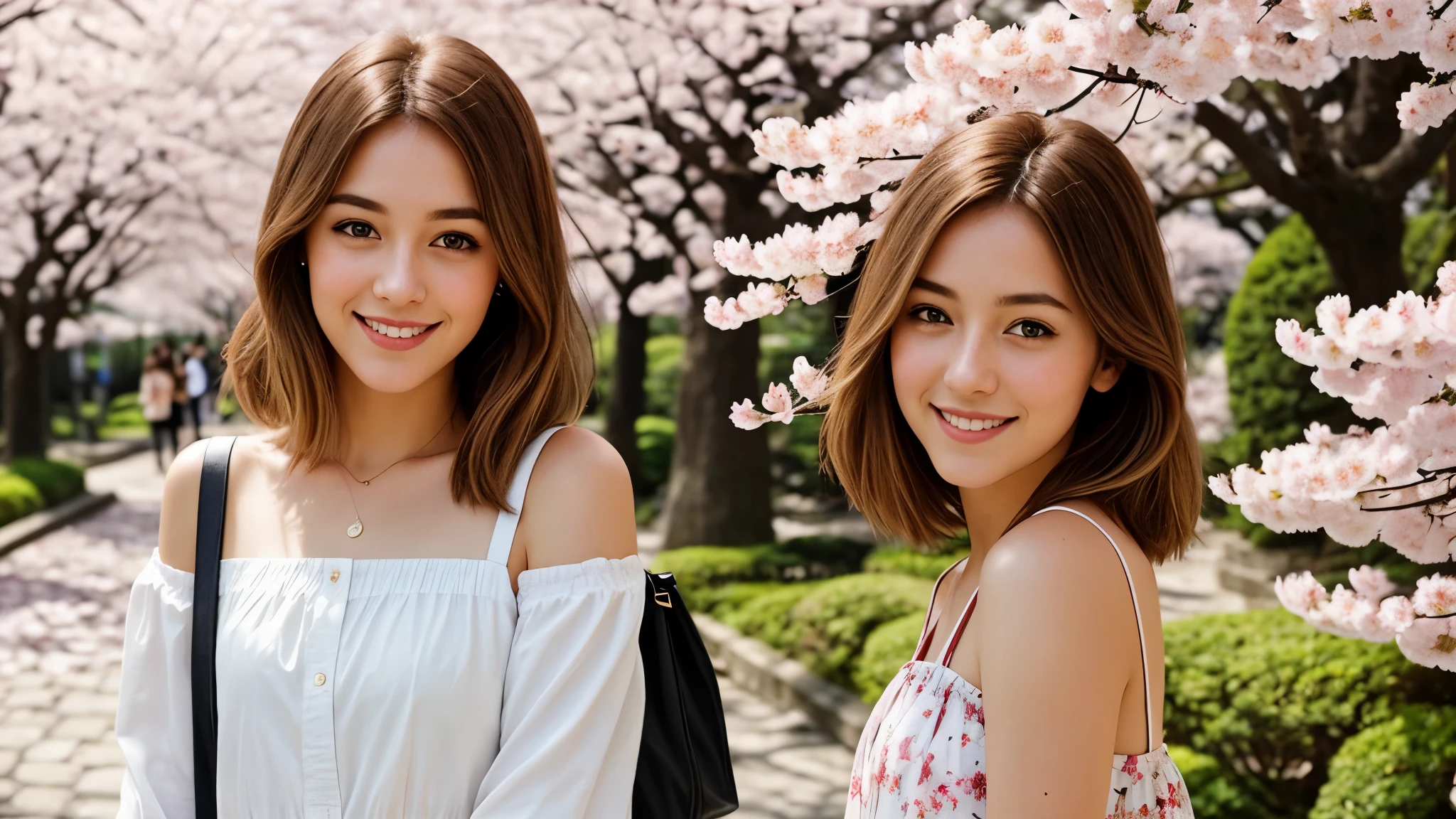 Instagram pictures, 1French Girl, Shoulder length hair, with light blonde hair, Close-up photo, Walking in a public garden with cherry blossom, Japan, smiling a little,