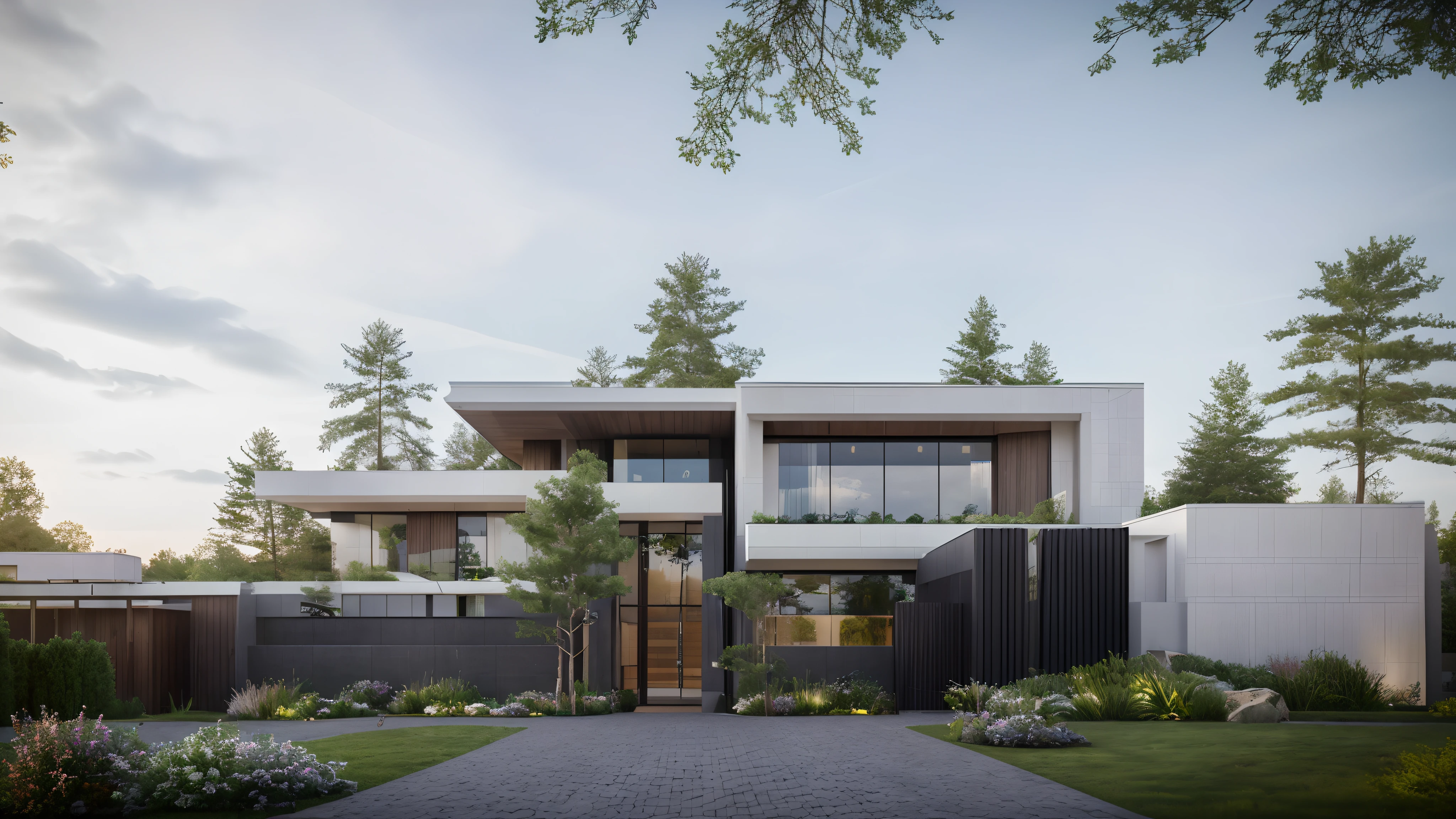 (masterpiece),(high quality), best quality, real,(realistic), super detailed, (full detail),(4k),8k,modern house exterior design,Modern architecture,Beautiful_sky,Day light, no_humans, outdoors,sky,tree,Garden flower front of building,