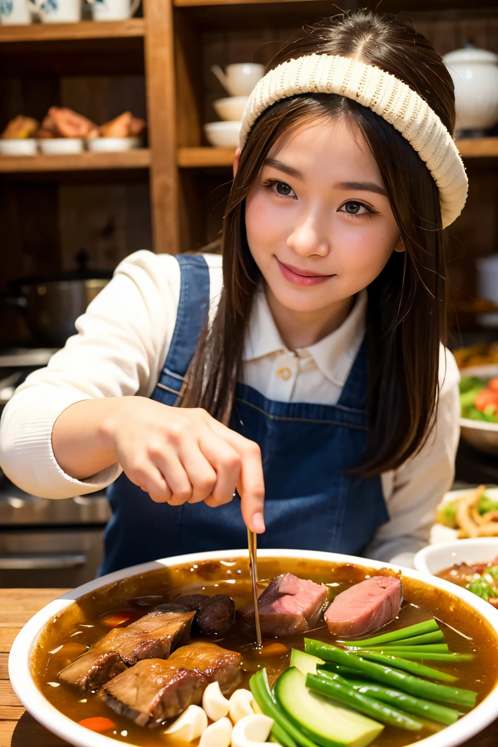 best quality,a girl eating,Detailed face,There is a Chinese hotpot in the front,Fat cattle,lamb leg,Green vegetables,There is a lot of meat on the table