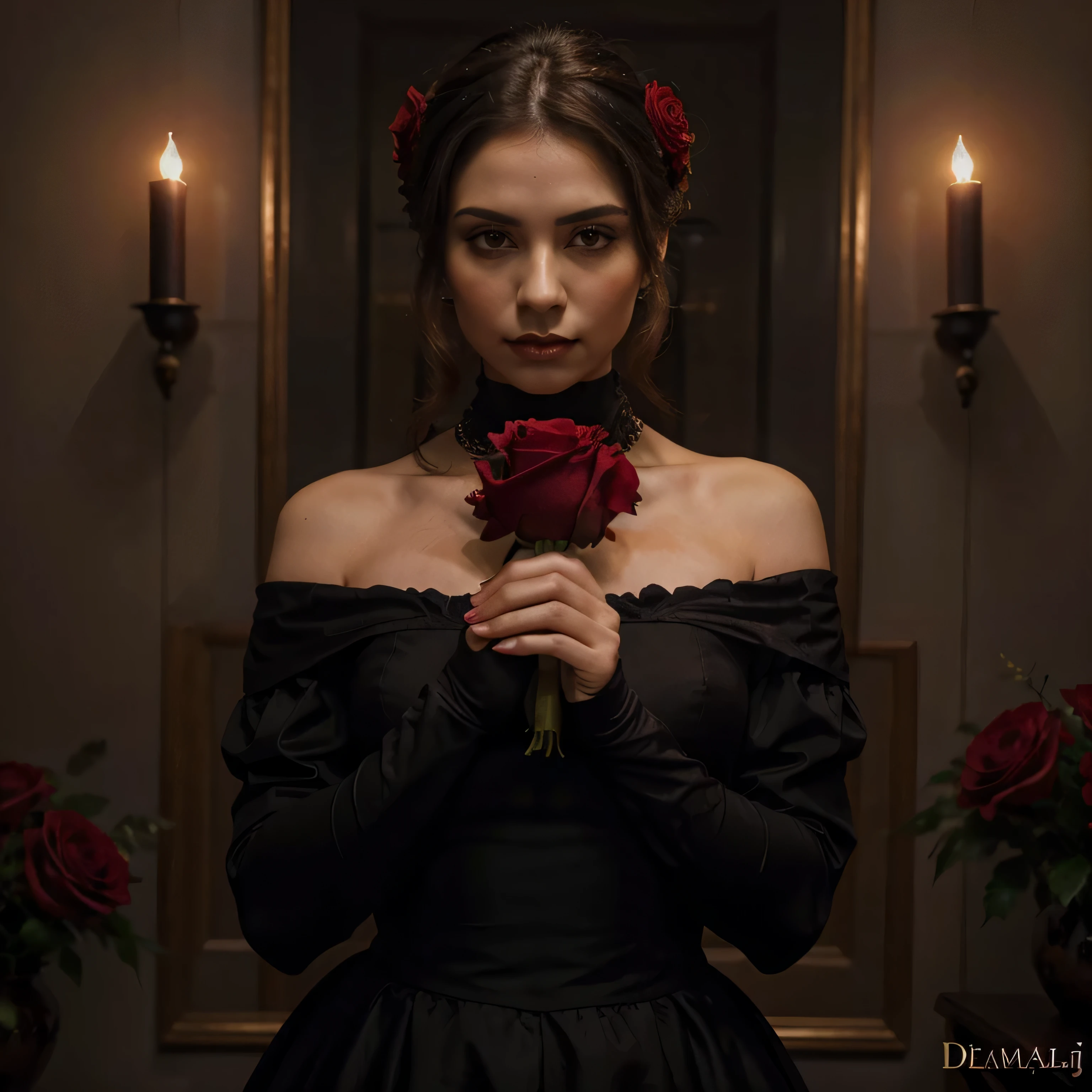 manos de mujer, holding a red rose, con vestido victoriano, elegante, rostro perfecto, mujer hermosa, detalles de sangre, iluminacion equilibrada, dark vibrant, oil painting, foco principal en las manos, rojo dominante, gothic style.
