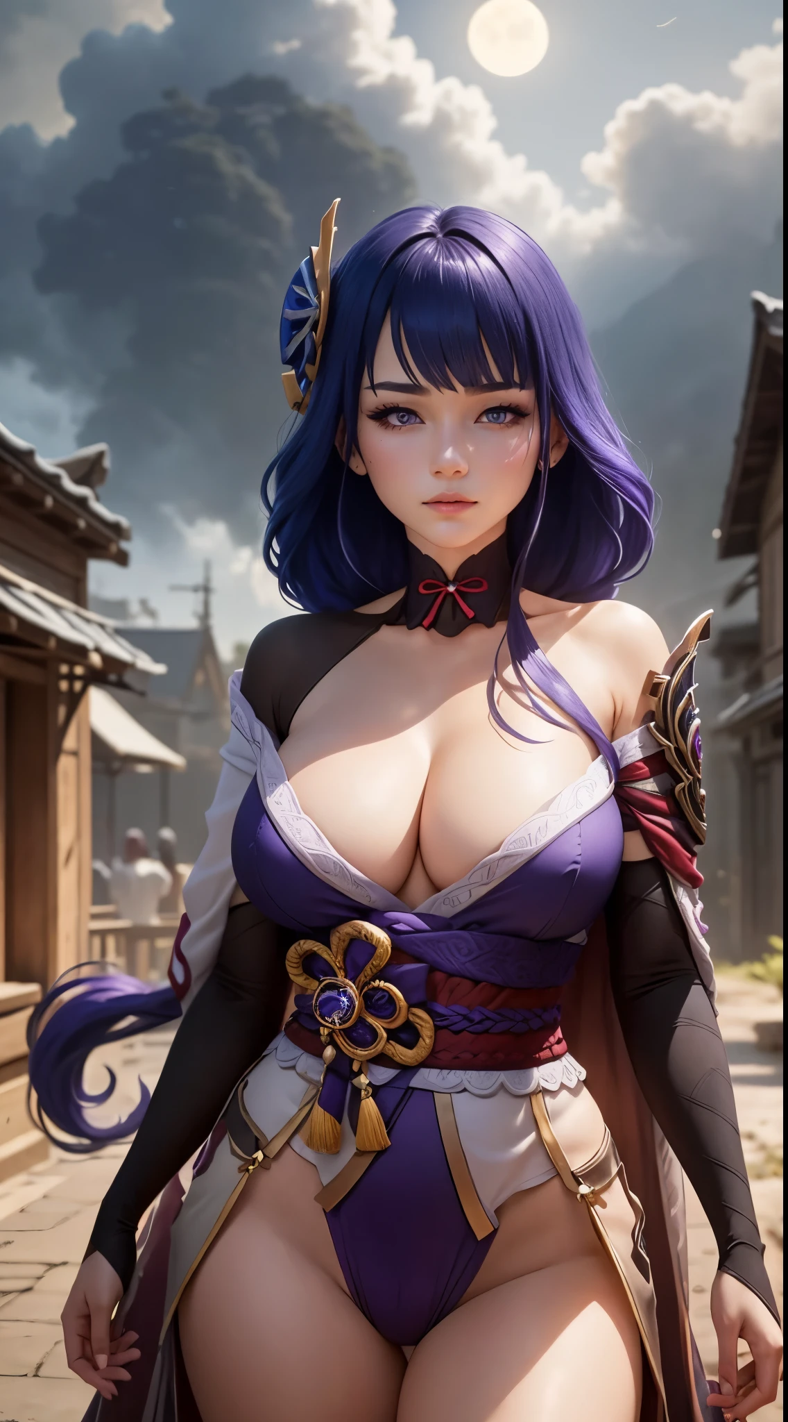 (ultra realistic photo, 8k uhd, full of details in clothes and face, masterpiece, girl goddess of beauty). Shogun Raider from Genshin Impact is a sexy woman with long, flowing purple hair, who wears a highly detailed sexy lingerie, she wears a jewel on the side of her head adorned with gold details and a gem in the center. - She wears a purple and pink outfit with gold details, with ornate designs in gold. The upper part of the armor is tight to the body, highlighting its curves. (she has long breasts, huge and perfect breasts emerging from her sexy, erotic cleavage, sharp pointed BREASTS), ((transparent micro panties showing pussy, perfect pussy)), defined body, body with curves, big perky ass, pussy showing, His arms are covered in armored gloves that have similar designs in gold and are attached to his upper arm by straps. - A piece of cloth flows from his waist, complementing the armor look. - Her face is very beautiful, she has light pink eyes and a serious expression. - In the background, there is a dramatic sky full of dark clouds and lightning lighting the scene. A full moon is also visible between the clouds.