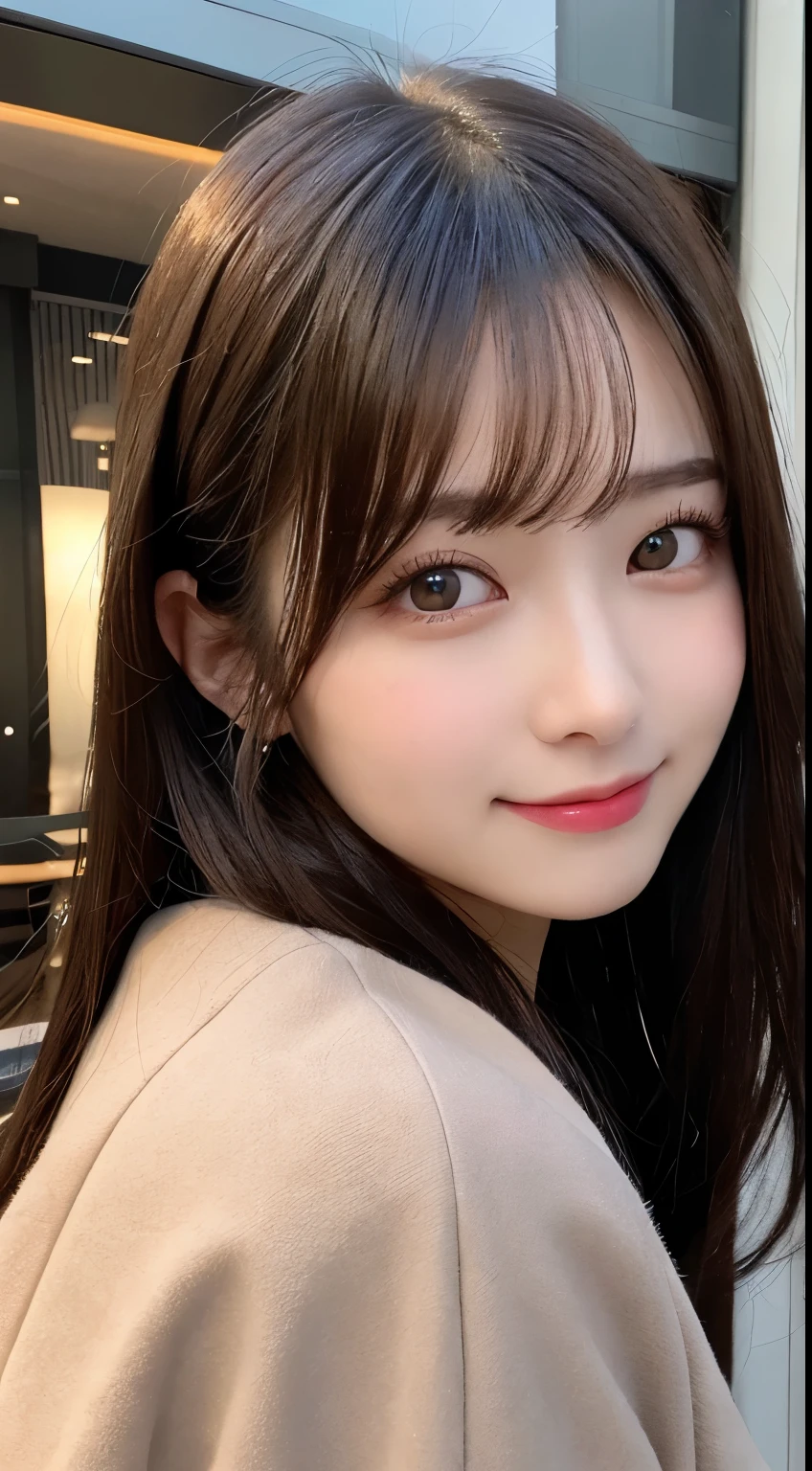 table top, highest quality, shape, Super detailed, finely, High resolution, 8k wallpaper, 完璧なダイナミックな構shape, beautiful and detailed eyes, Gorgeous black fluffy Tokyo winter clothes,ランダムなcute髪,,natural color lip, bold sexy pose,smile、20 year old girl、cute、sexy shot looking at camera,Always blur the background,perfect and beautiful face,Take only the face,beautiful and detailed face、slim face and style,Big eyes、Do gal makeup,small face,Wearing a luxury brand mink coat,straight hair,Luxury Apartments