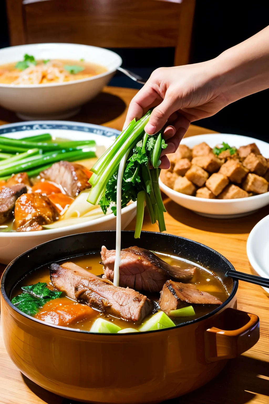 best quality,a woman eating,Detailed face,There is a Chinese hotpot in the front,Fat cattle,lamb leg,Green vegetables,There is a lot of meat on the table
