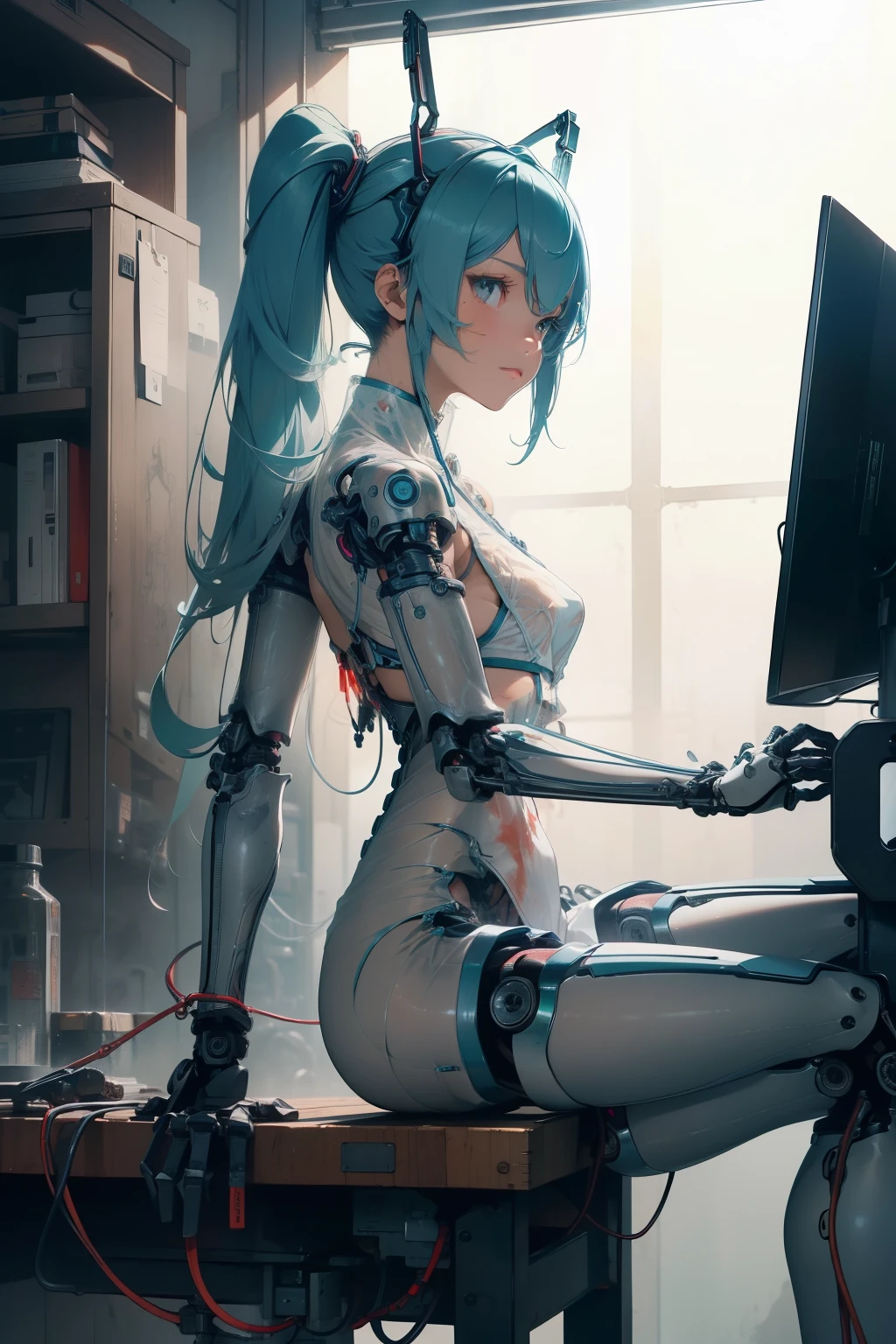 (quality)), ((masterpiece)), Recommended results、Puffy nipples、(see through:1.5)、straighten your back、abdominal muscles、huge bust、angle to floor:1.2、low camera angle、Hair loss on crotch，Hatsune Miku，Super detailed)), (Highly detailed CG illustrations), ((extremely delicate and beautiful)),(1Mechanical Girl)),alone,whole body,(Machine made joints:1.2),((mechanical limbs)),(The blood vessels are connected to the tube),(Mechanical vertebrae attached to the back),((Mechanical cervical spine attached to the neck)),(sitting),Poker face,(wires and cables attaching to neck:1.2),(wires and cables on head:1.2)(Character focus),Science fiction,Extremely detailed,rich and colorful,most detailed