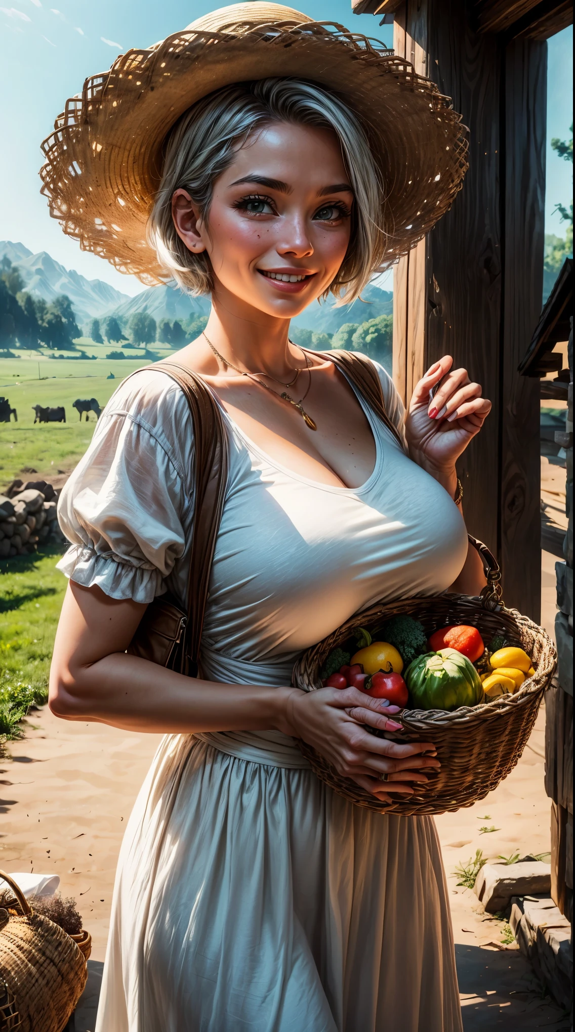 Tia is shown to have a fairly slender figure. She has white-grey hair , she has short hair and large pale green eyes, The girl appears in the picture wearing a simple dress made of cotton or wool in bright, beautiful colors that reflect the essence of rural life.  You may be wearing a simple shirt with a flared skirt.  She carries a straw hat or a handkerchief wrapped in a traditional style, clearly using it to preserve food and protect her head from the sun.  She may carry a basket full of vegetables on her shoulder or carry a bale of hay or herbs.  Her face is bright with joy and activity and she may be smiling at the camera, reflecting the spirit of happiness and contentment with rural life., cleavage exposed, big breasts, superior quality, many details, Puri focus  Sharp and realistic