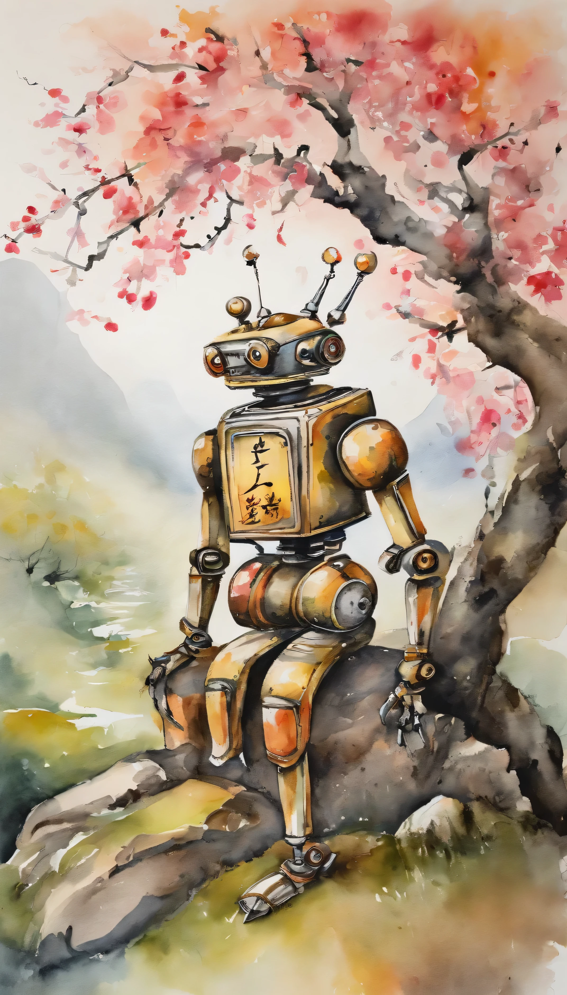 ink painting，Chinese style，imagine，A tin robot sits and sleeps under a giant peach tree