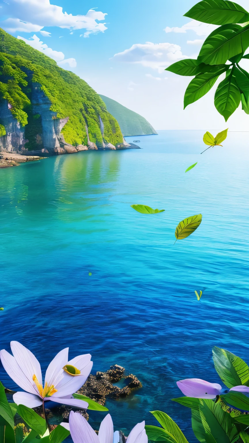 Masterpiece, best quality, (very detailed CG unity 8k wallpaper) (best quality), (best illustration), (best shadows) Nature', blue sea,delicate leaves petals of various colors falling in the air light Tracking, super detailed --v6