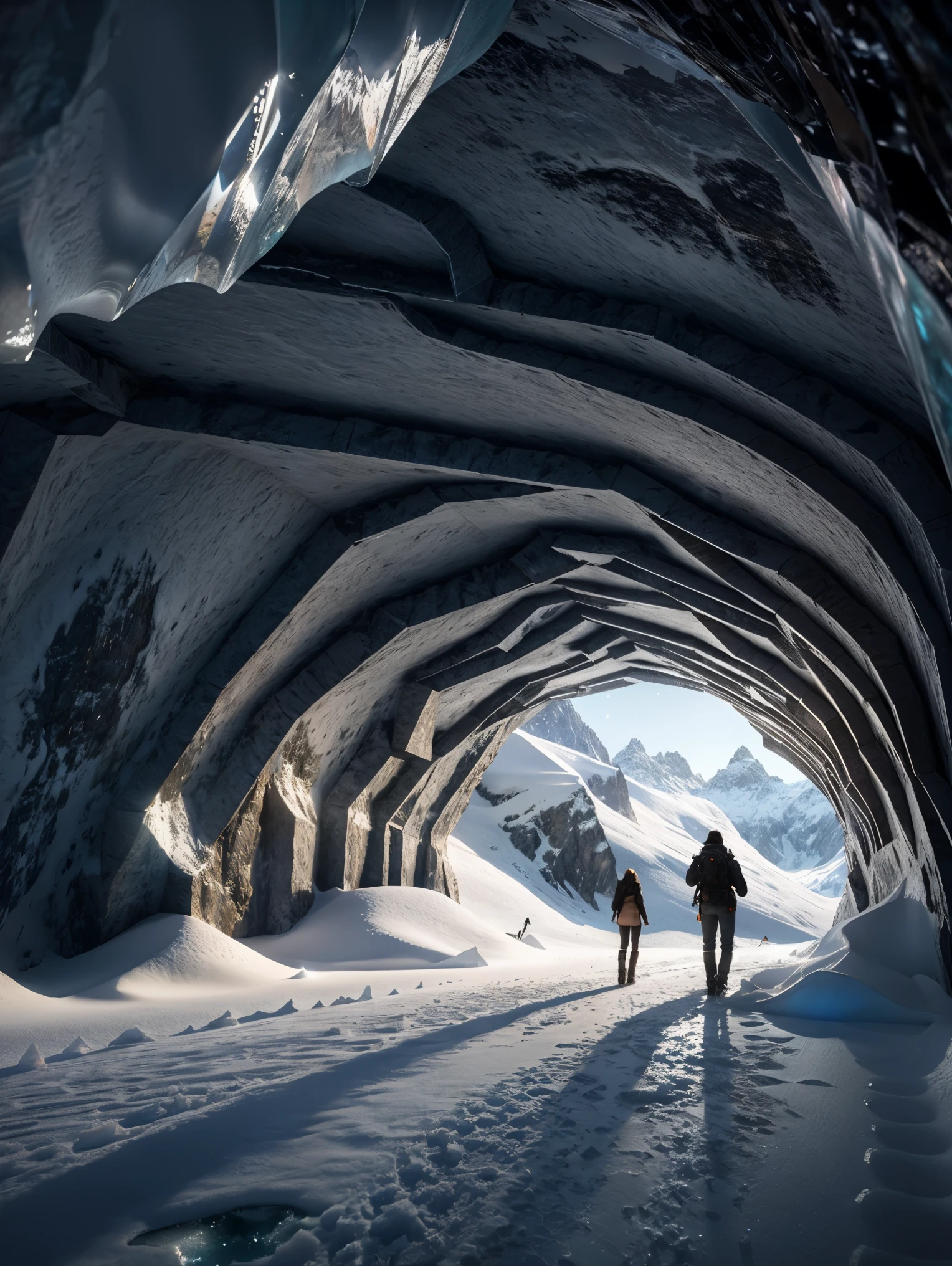 From back, an ultra hot gorgeous woman, age 23, she’s a playmate, men magazine model, brunette hair, in a tunnel of ice with a mountain in the background, snow cave, ice cave, adventure hyper realistic render, in an icy cavern, by jessica rossier, inspired by jessica rossier, jessica rossier fantasy art, winter concept art, 3d rendered matte painting, global illumination. vfx, in the art style of filip hodas