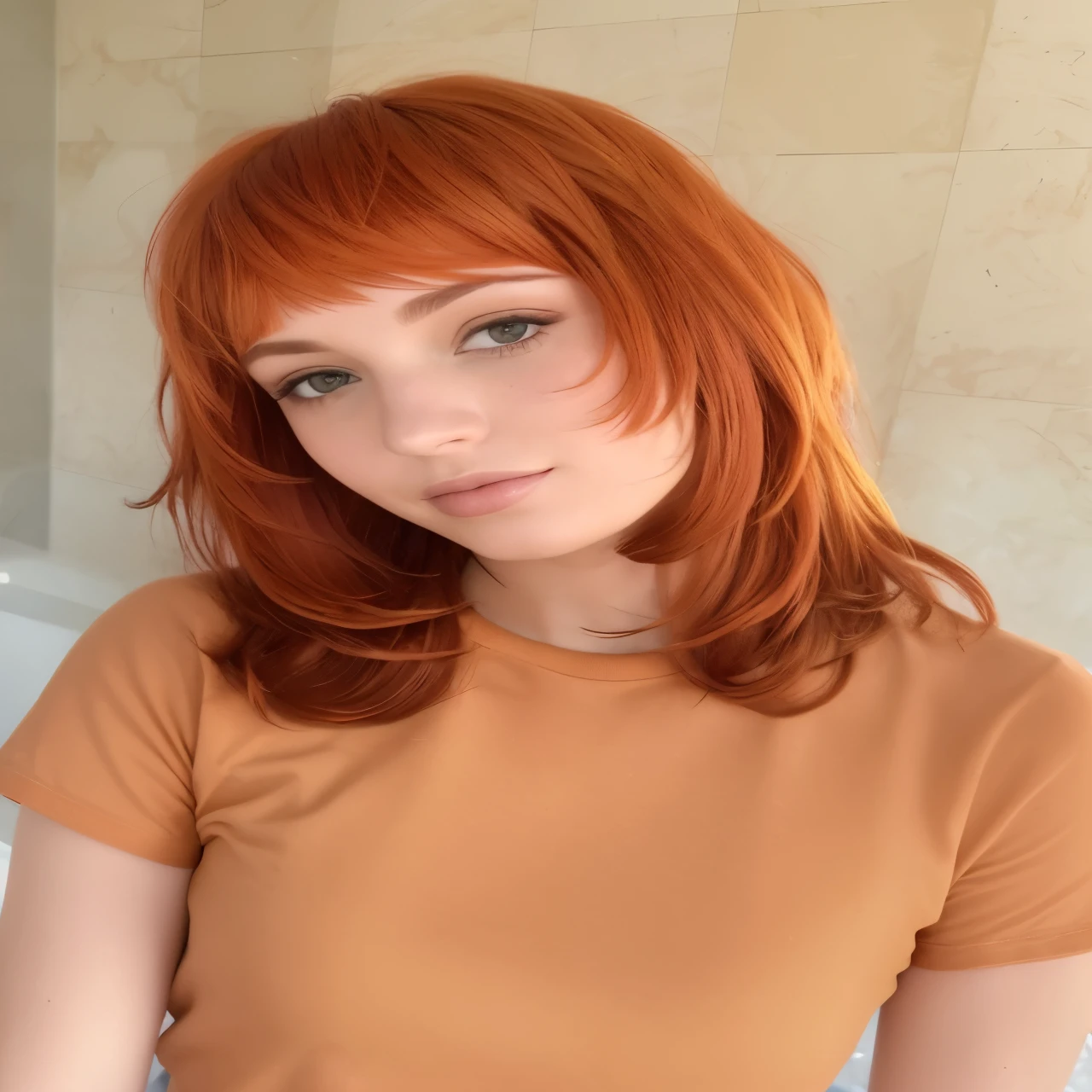 un primer plano de una mujer pelirroja y una camisa color canela, el corte de hime, pelo naranja, flowing pelirrojo, neat hair con flequillo, bright pelo naranja, cabello cobrizo, pelirrojo, cabello rizado color cobre, coral brown hair, con flequillo, cabello naranja brillante, pelo rojo y rasgos atractivos, lavabo sadie, Rena nunen estilo 3/4