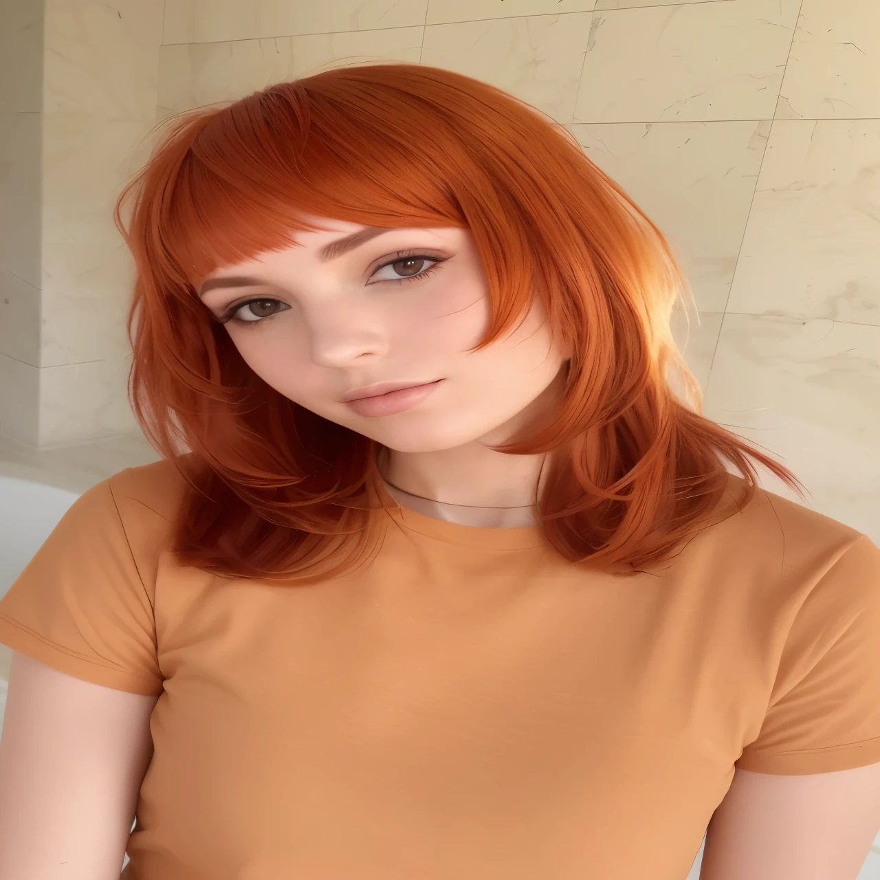 un primer plano de una mujer pelirroja y una camisa color canela, el corte de hime, pelo naranja, flowing pelirrojo, neat hair con flequillo, bright pelo naranja, cabello cobrizo, pelirrojo, cabello rizado color cobre, coral brown hair, con flequillo, cabello naranja brillante, pelo rojo y rasgos atractivos, lavabo sadie, Rena nunen estilo 3/4
