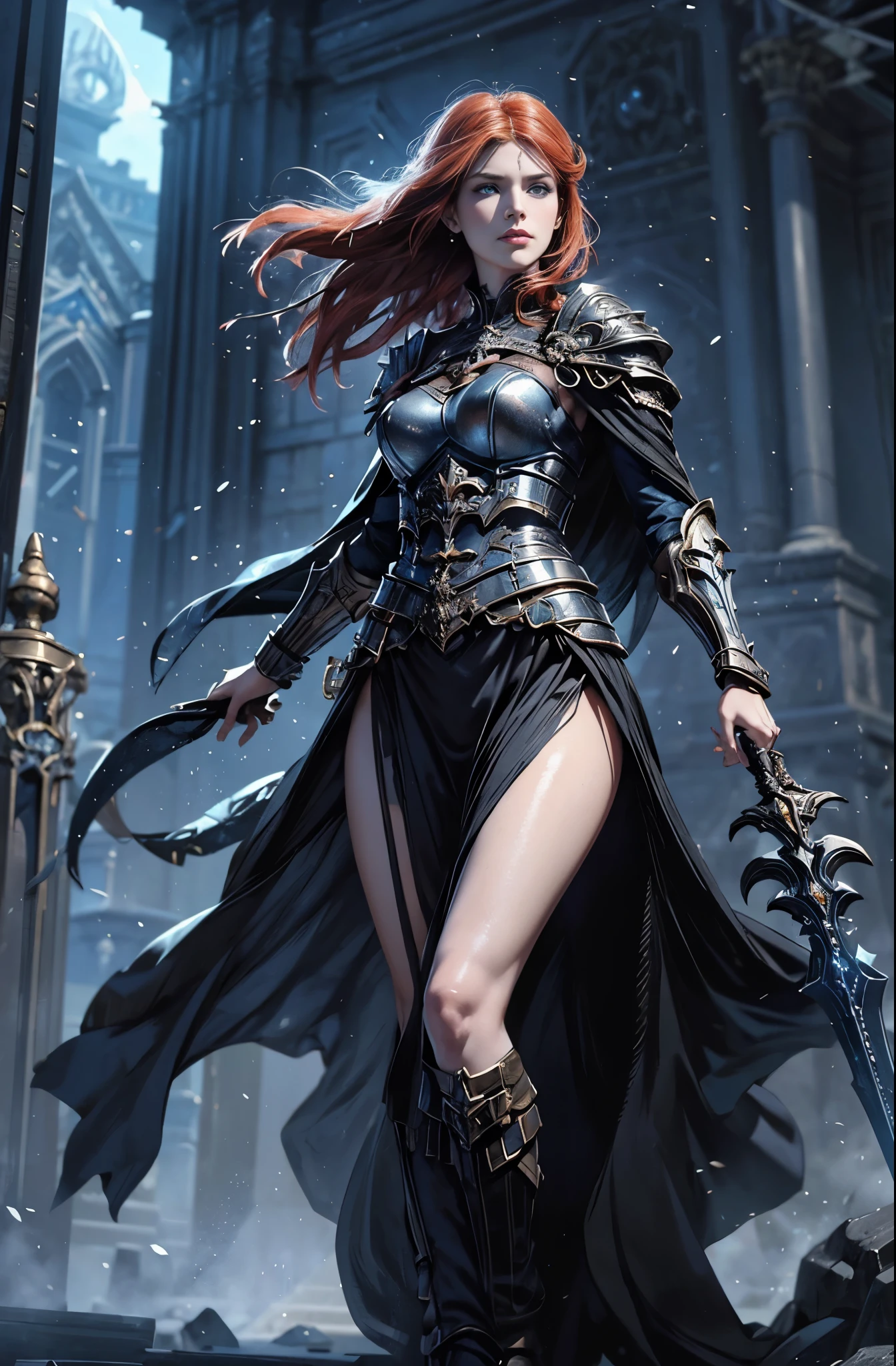 Arafe woman in black dress with sword and armor, Beautiful red hair, 4K fantasy art, epic fantasy art style hd, Epic fantasy digital art style, detailed fantasy art, HD fantasy art, high quality fantasy art, fantasy paladin female, detailed fantasy digital art, 2. 5d cgi anime fantasy artwork, epic fantasy art style, Beautiful Female Knight, Battlefield Commander, A woman in her 30s who boasts unparalleled beauty, Invincible female general, brave, Awe-inspiring Hall々, extremely detailed and beautiful eyes, perfect supermodel body, whole body slender, Cloak wrapped in the wind, Battle Master, Veteran Warrior, incarnation of the goddess of war, best quality, perfect angle, perfect composition, best shot, official art, cinematic light, very beautiful and fantastic, extremely detailed and beautiful eyes, blue eyes without pupils, beautiful blue eyes, quite beautiful face, Rin々Looks, Ride of Valkyrie, unparalleled beauty, Tall and lean, Perfect model body shape