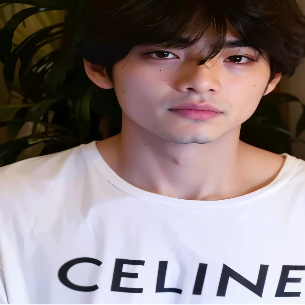 homem arafiado com camisa branca e uma planta ao fundo, profile picture with headshot, Kim Taehyung , hyung kim, rosto bonito, Jimin\the full lips, inspirado em Kim Taehyung bts, rosto bonito, taken at the beginning of 2020, foto de perfil, Jimin\o nariz grego, hyung tae, realista, Ultra-HD
